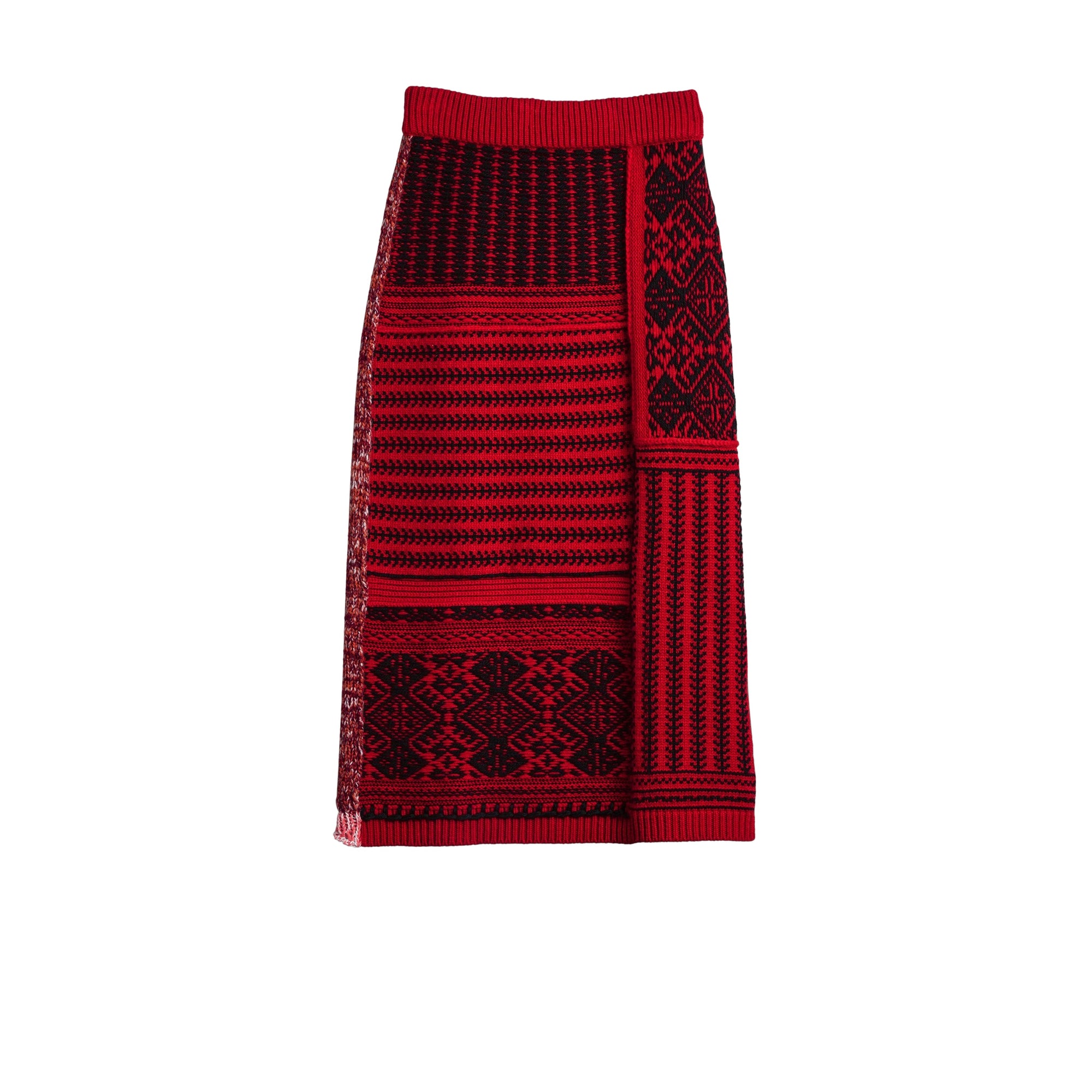 Jupe torsadée en cachemire & laine motif géométrique - Red & Black