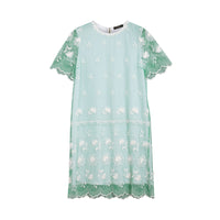 Robe t-shirt à manches courtes en tulle brodé - Aqua Green & White