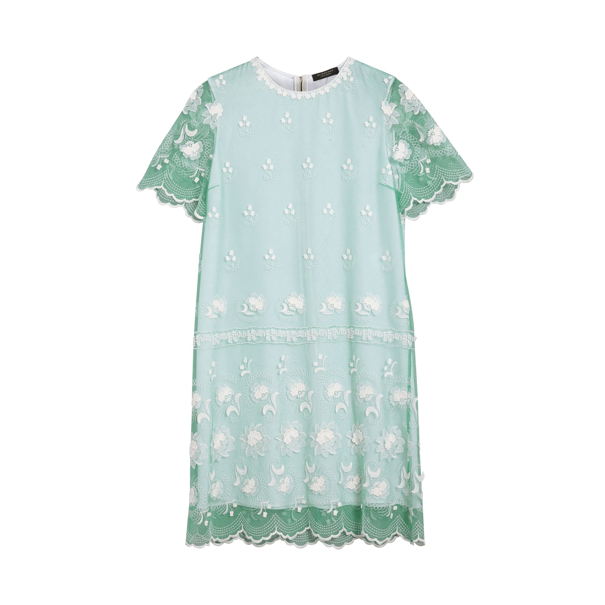 Robe t-shirt à manches courtes en tulle brodé - Aqua Green & White