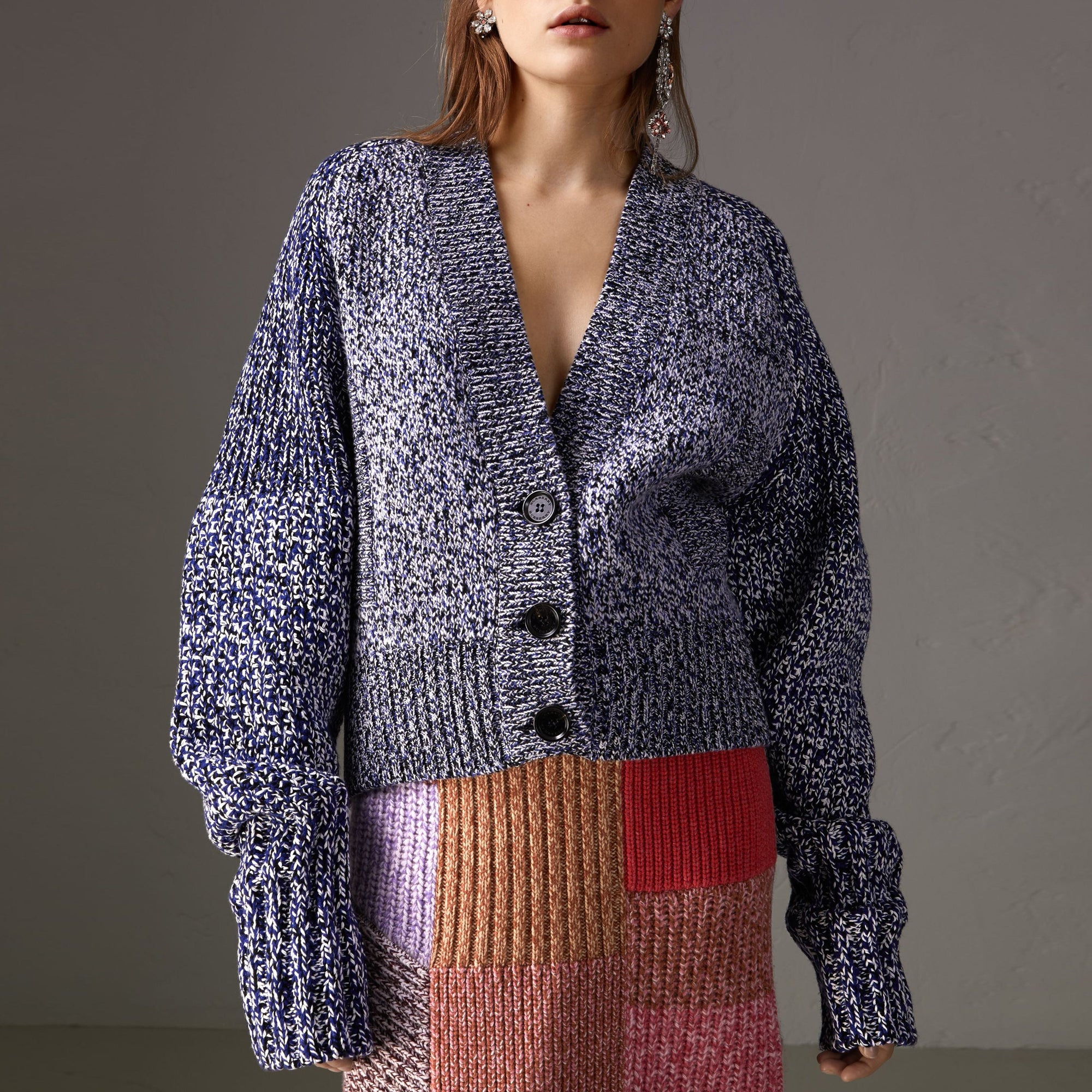 Cardigan en mouliné de cachemire coton et laine mélangés  - Bright Navy & Black
