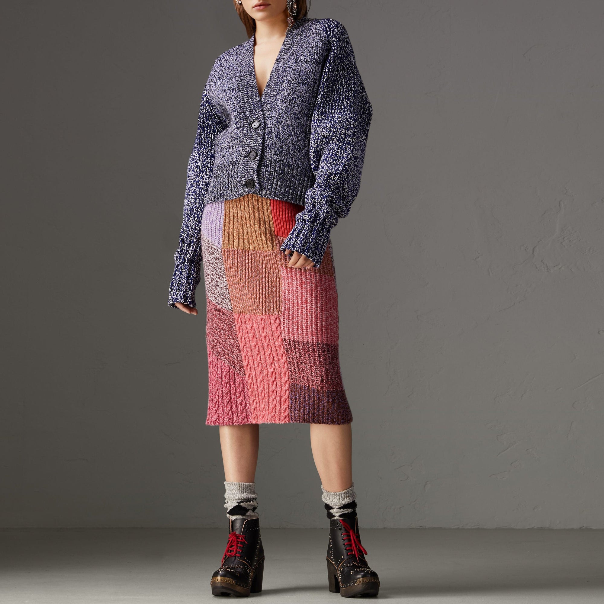 Cardigan en mouliné de cachemire coton et laine mélangés  - Bright Navy & Black