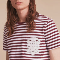 T-shirt marinière en coton avec appliqué en dentelle - Burgundy & White