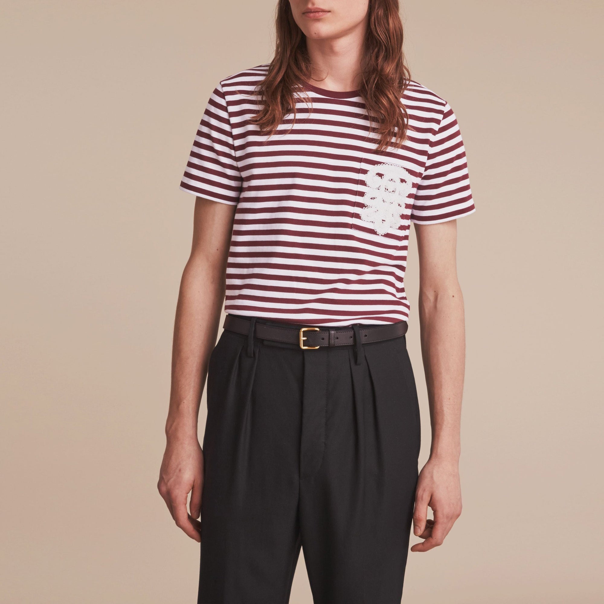 T-shirt marinière en coton avec appliqué en dentelle - Burgundy & White