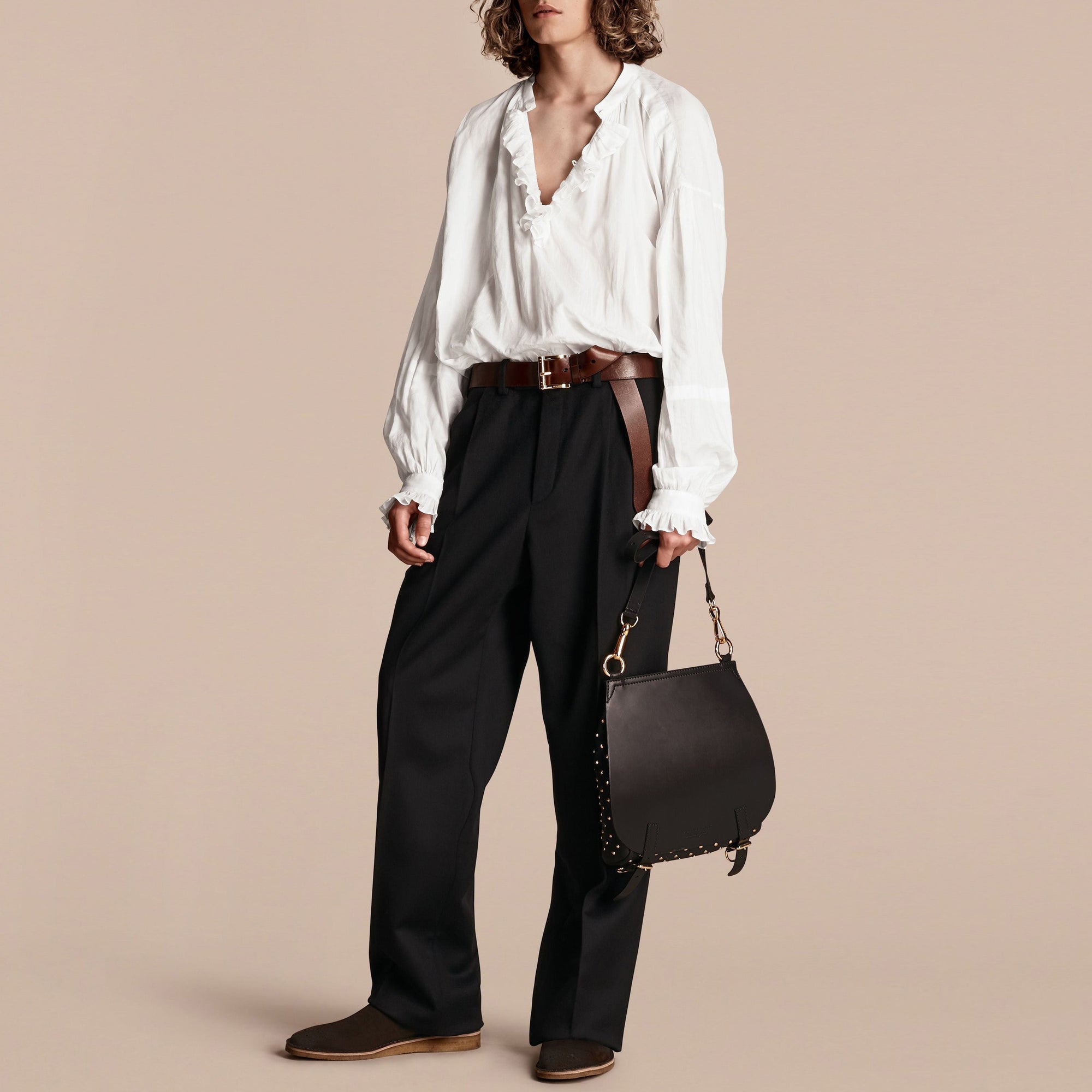 Pantalon large en laine enduite tissée en Angleterre - Navy Black