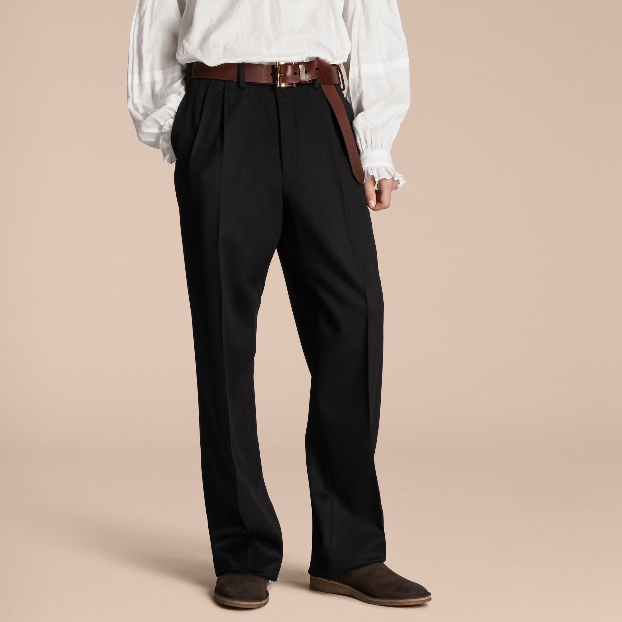 Pantalon large en laine enduite tissée en Angleterre - Navy Black