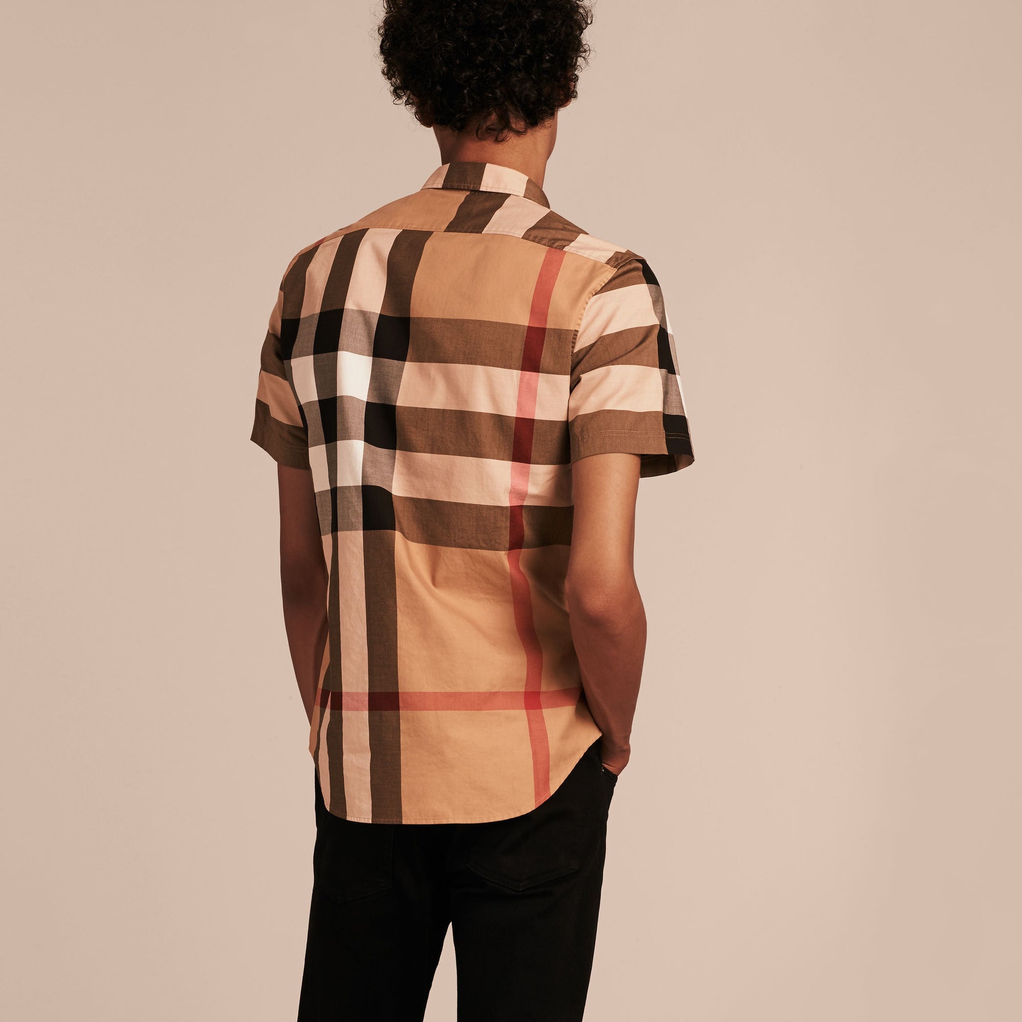 Chemise en coton à manches courtes avec motif check - Camel