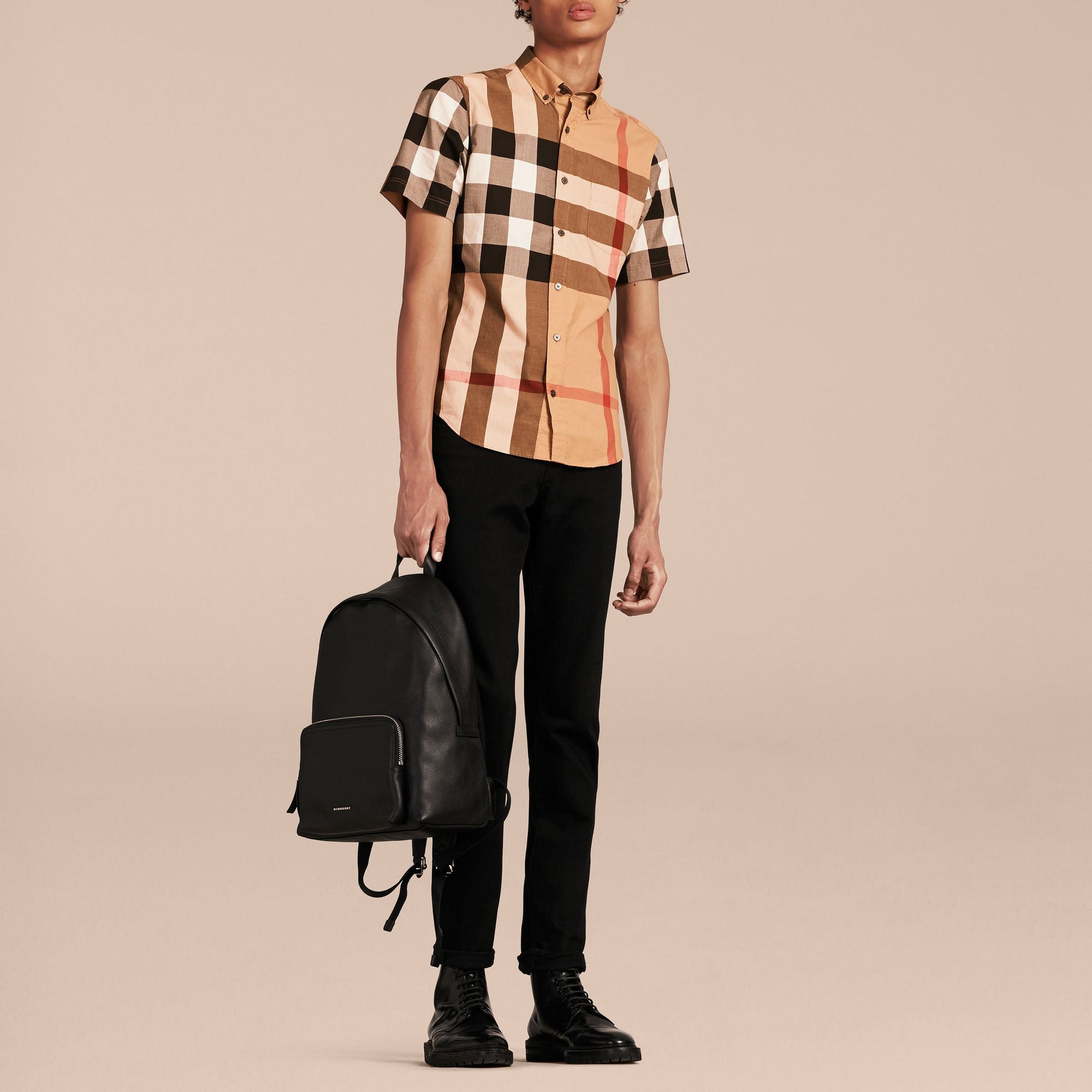 Chemise en coton à manches courtes avec motif check - Camel