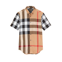 Chemise en coton à manches courtes avec motif check - Camel