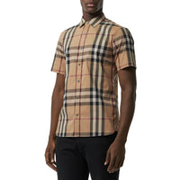 Chemise en coton extensible à manches courtes avec motif check - Camel