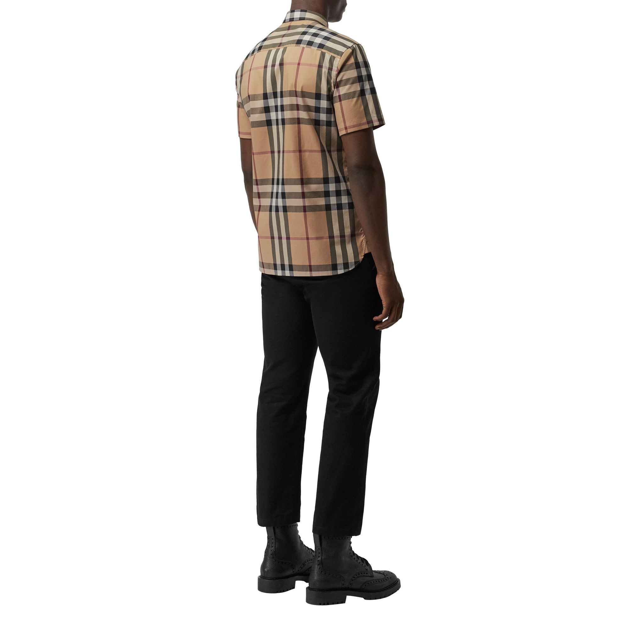 Chemise en coton extensible à manches courtes avec motif check - Camel