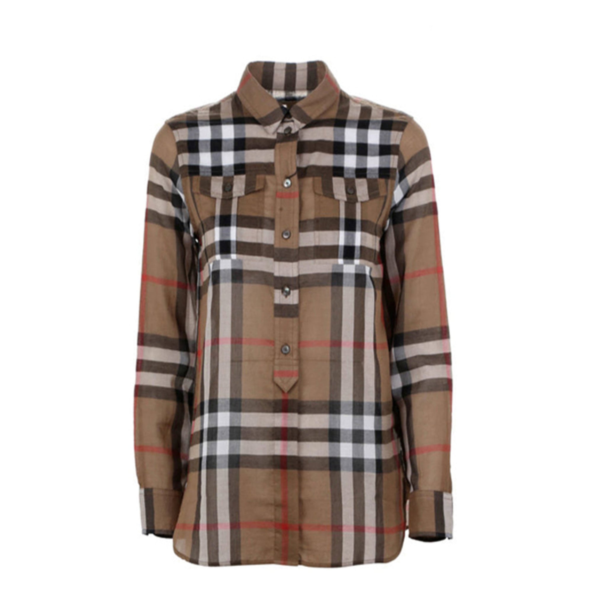 Chemise en coton à motif check avec patte - Taupe Brown