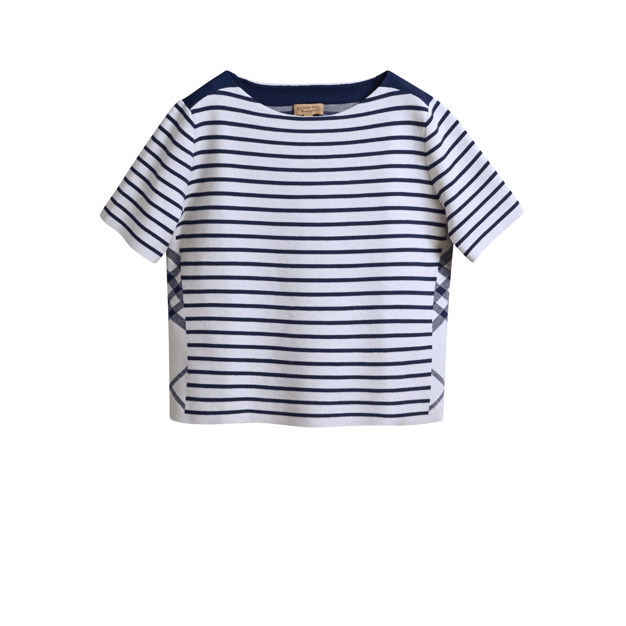 T-shirt à rayures et motif check en maille de laine mélangée - Bright Navy