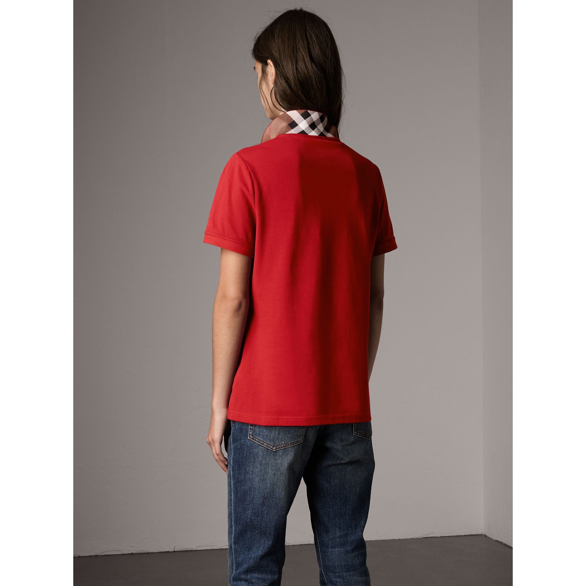 Polo en piqué de coton extensible avec éléments check - Military Red