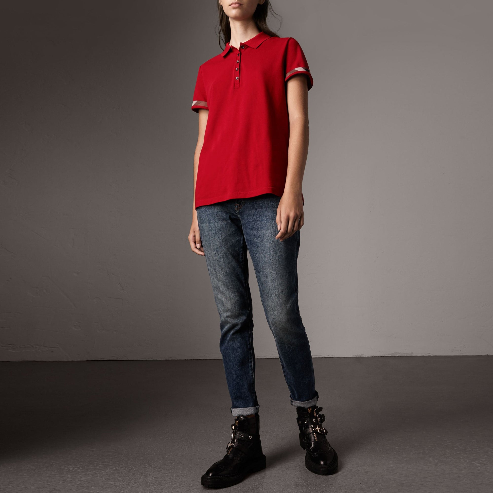 Polo en piqué de coton extensible avec éléments check - Military Red