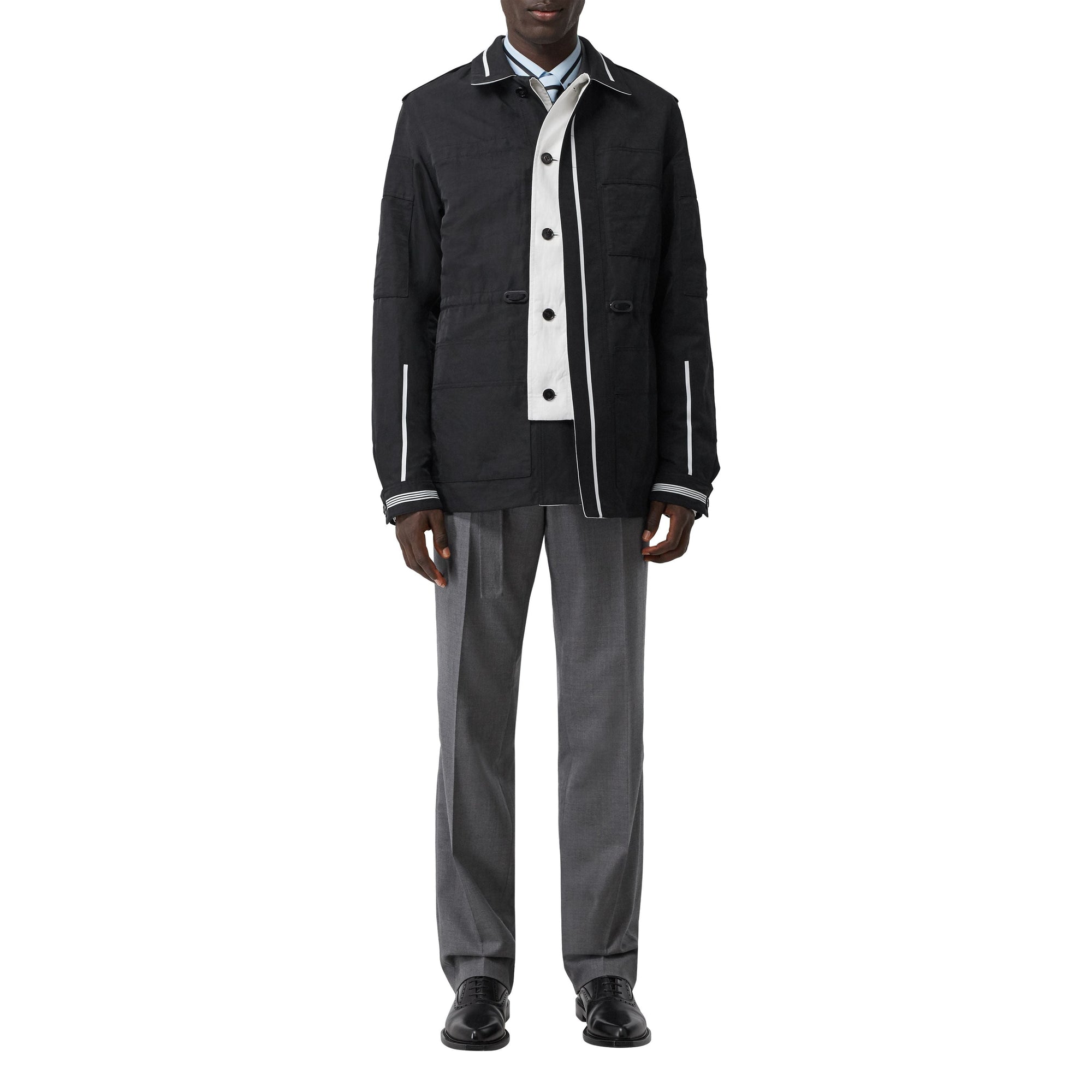 Veste utilitaire en lin technique rayée réversible - Black