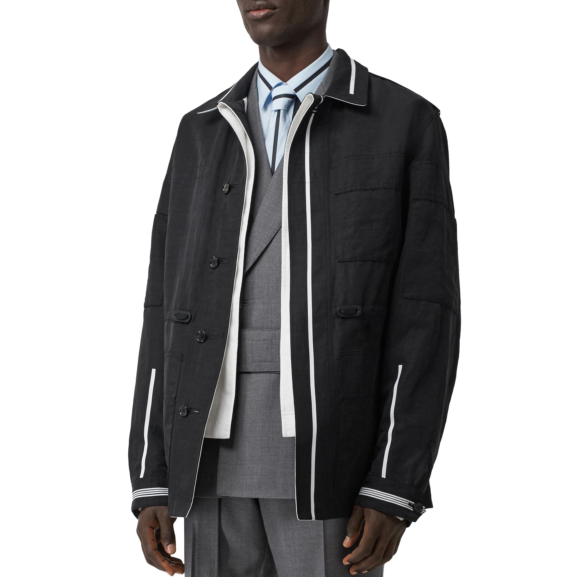 Veste utilitaire en lin technique rayée réversible - Black