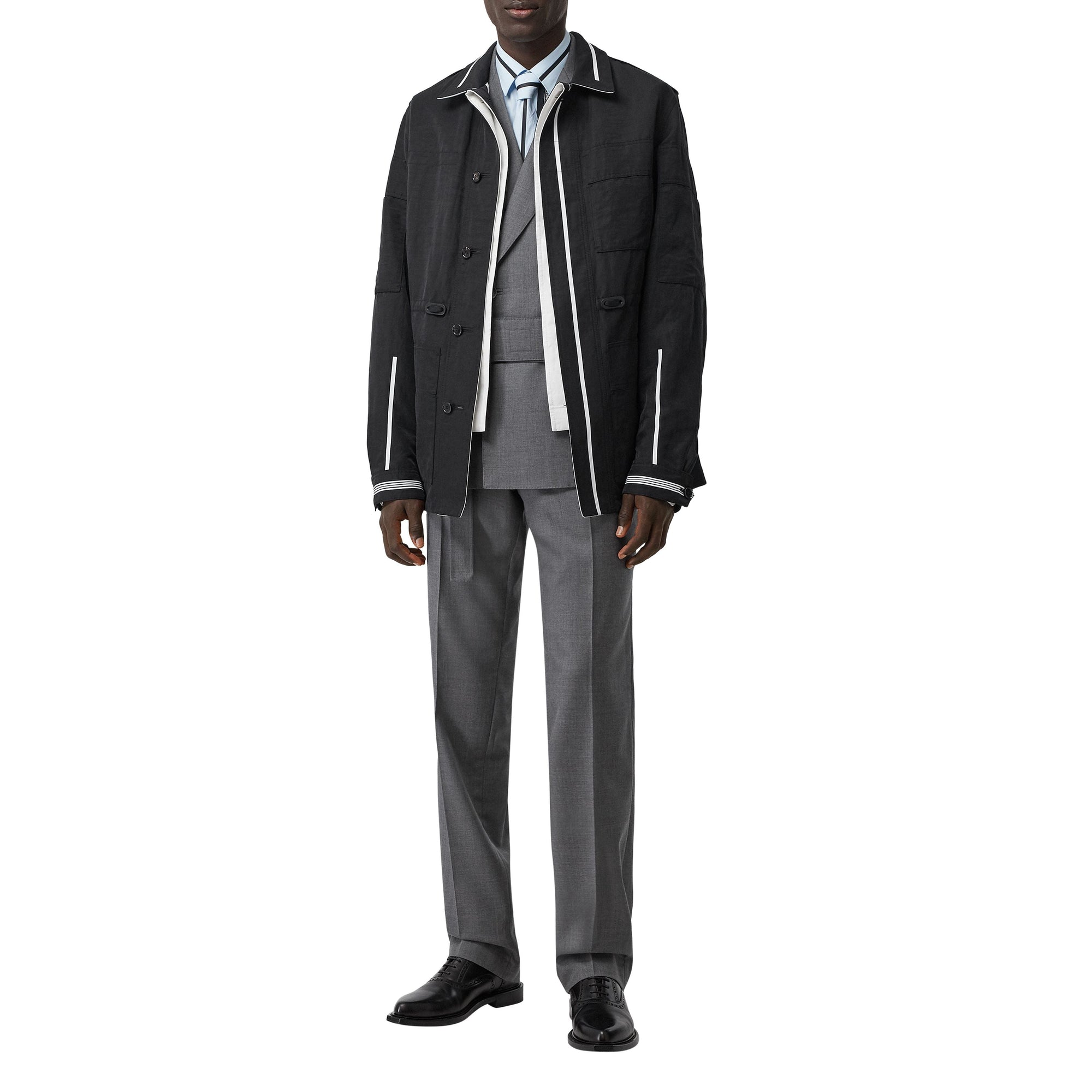 Veste utilitaire en lin technique rayée réversible - Black