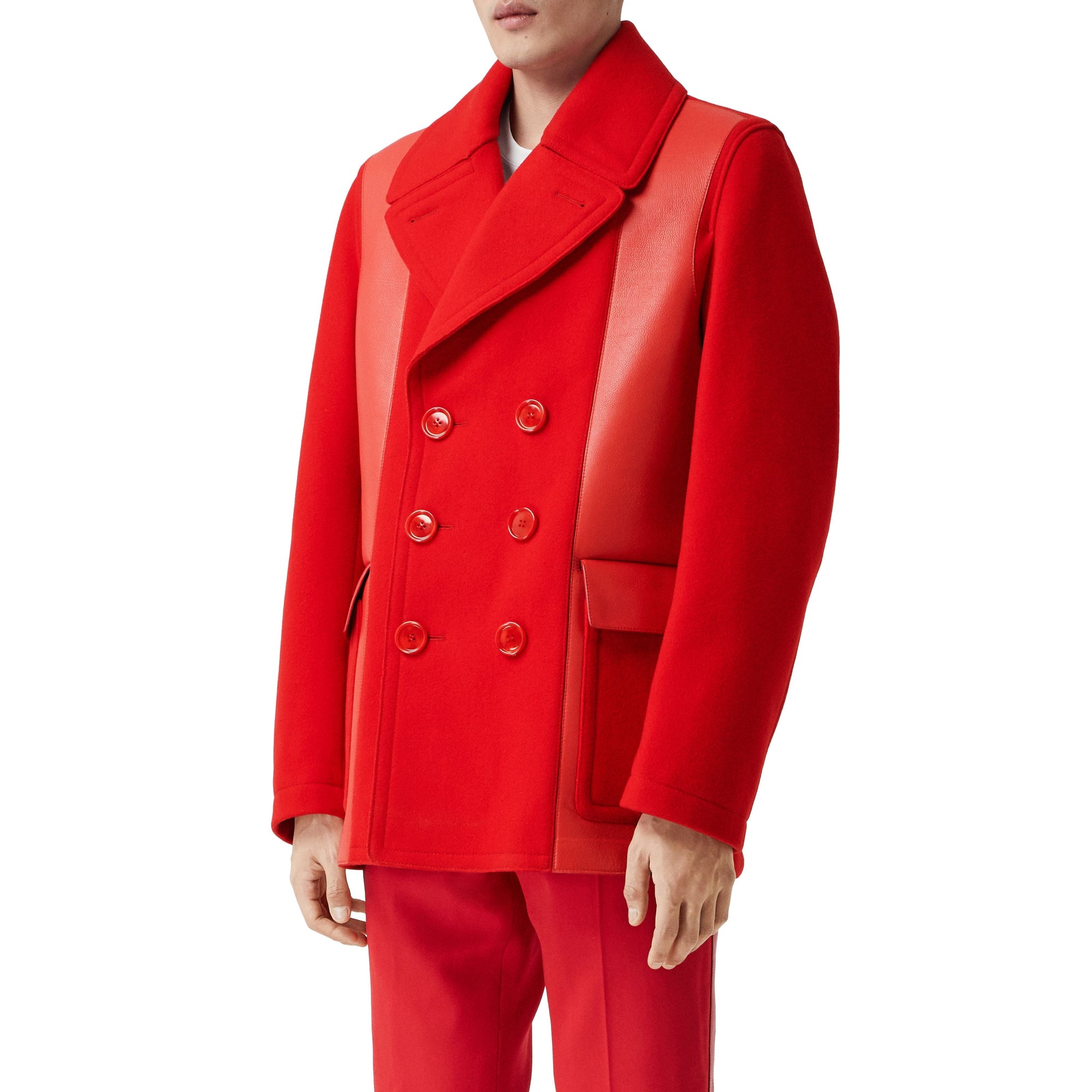 Caban en laine technique avec cuir d'agneau - Bright Red