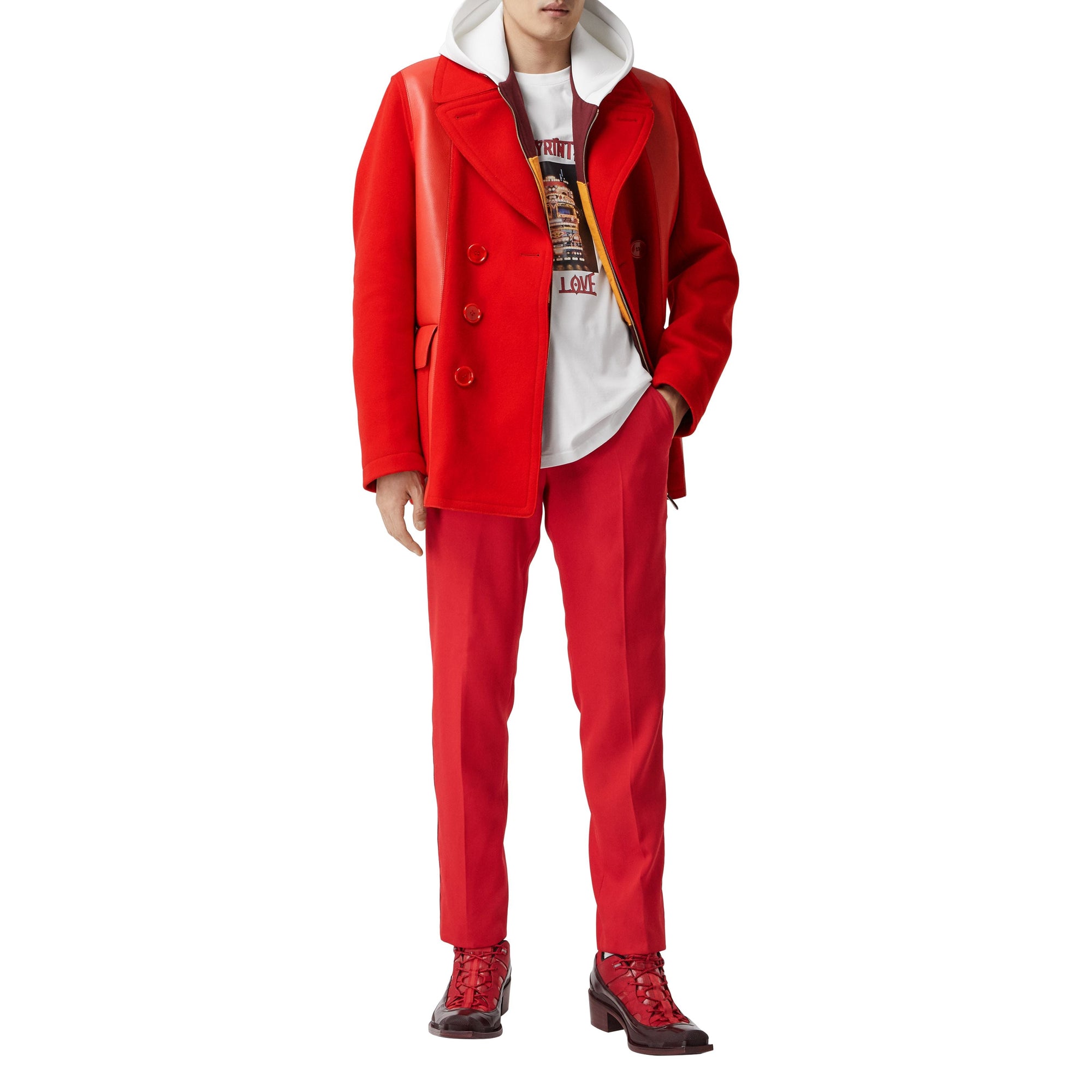 Caban en laine technique avec cuir d'agneau - Bright Red