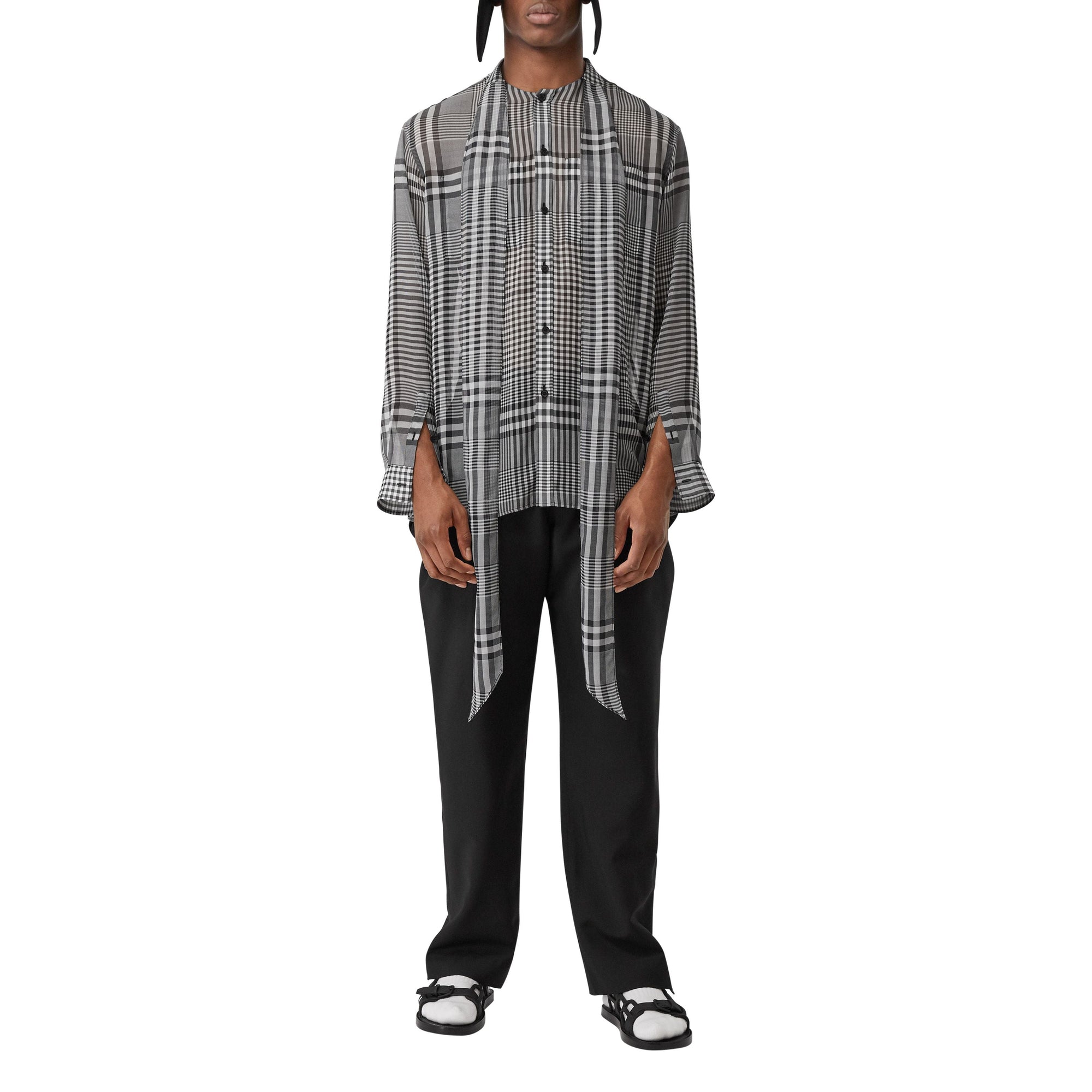 Chemise oversize à col lavallière en georgette de soie check - Black Pattern