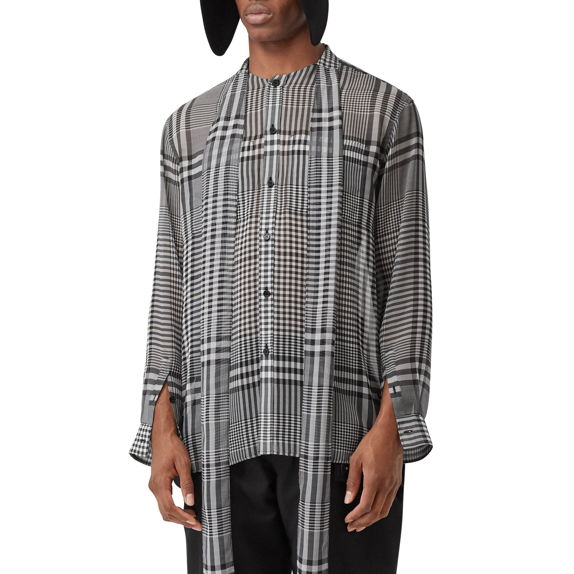 Chemise oversize à col lavallière en georgette de soie check - Black Pattern