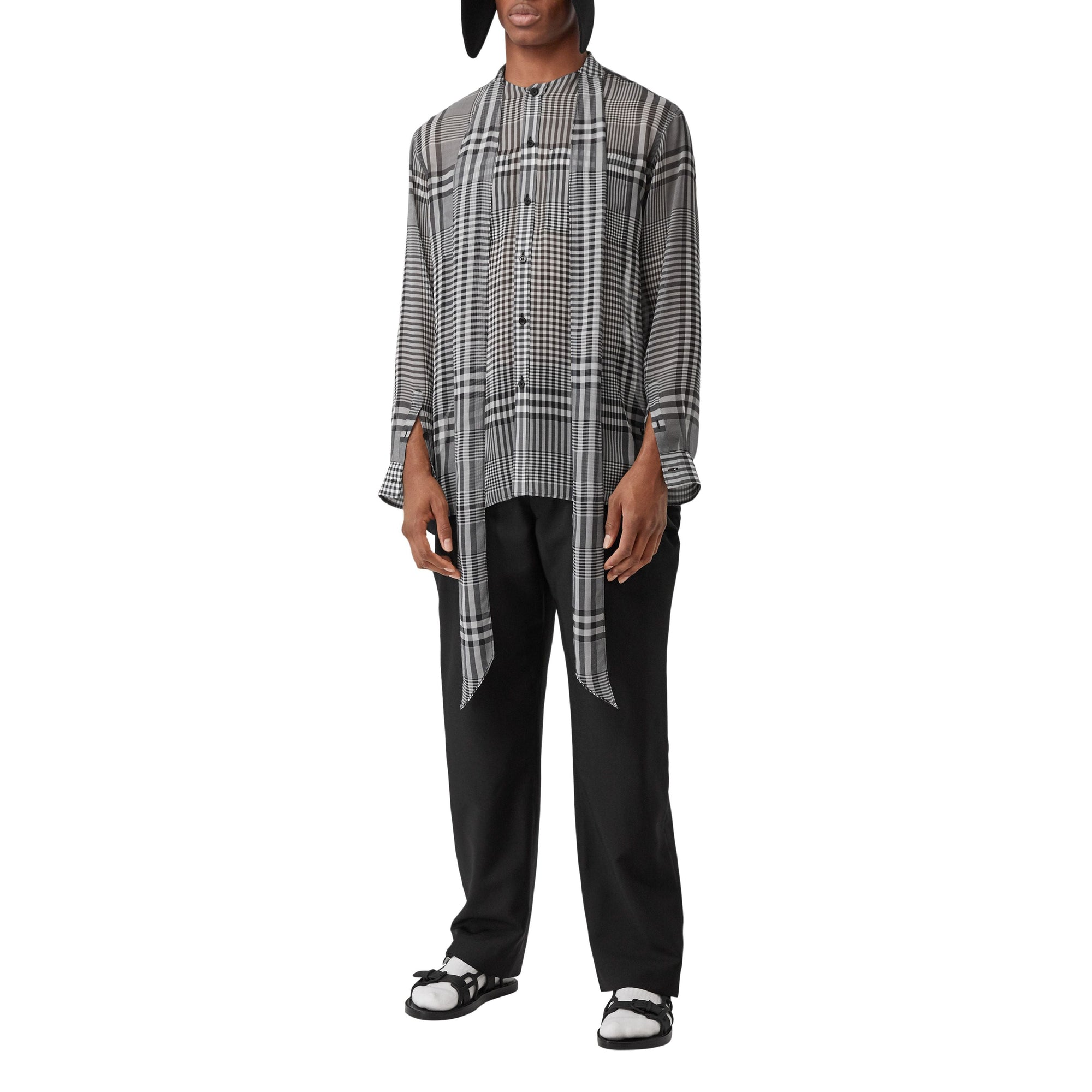 Chemise oversize à col lavallière en georgette de soie check - Black Pattern