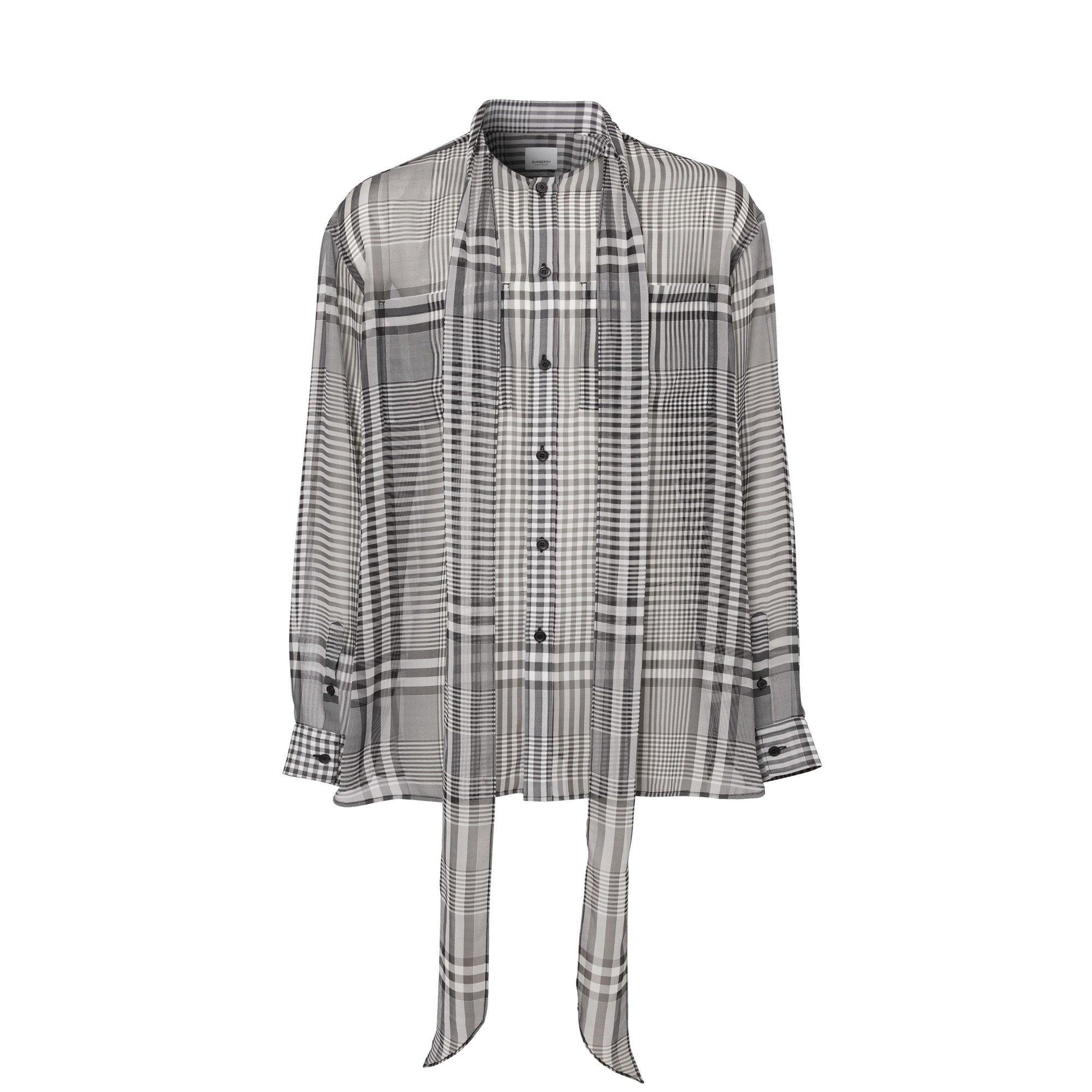 Chemise oversize à col lavallière en georgette de soie check - Black Pattern