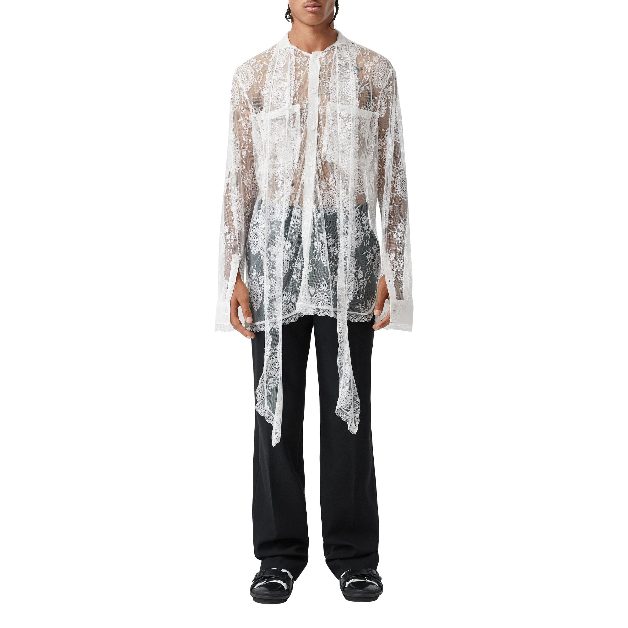 Chemise oversize à col lavallière avec dentelle de Chantilly - Optic White
