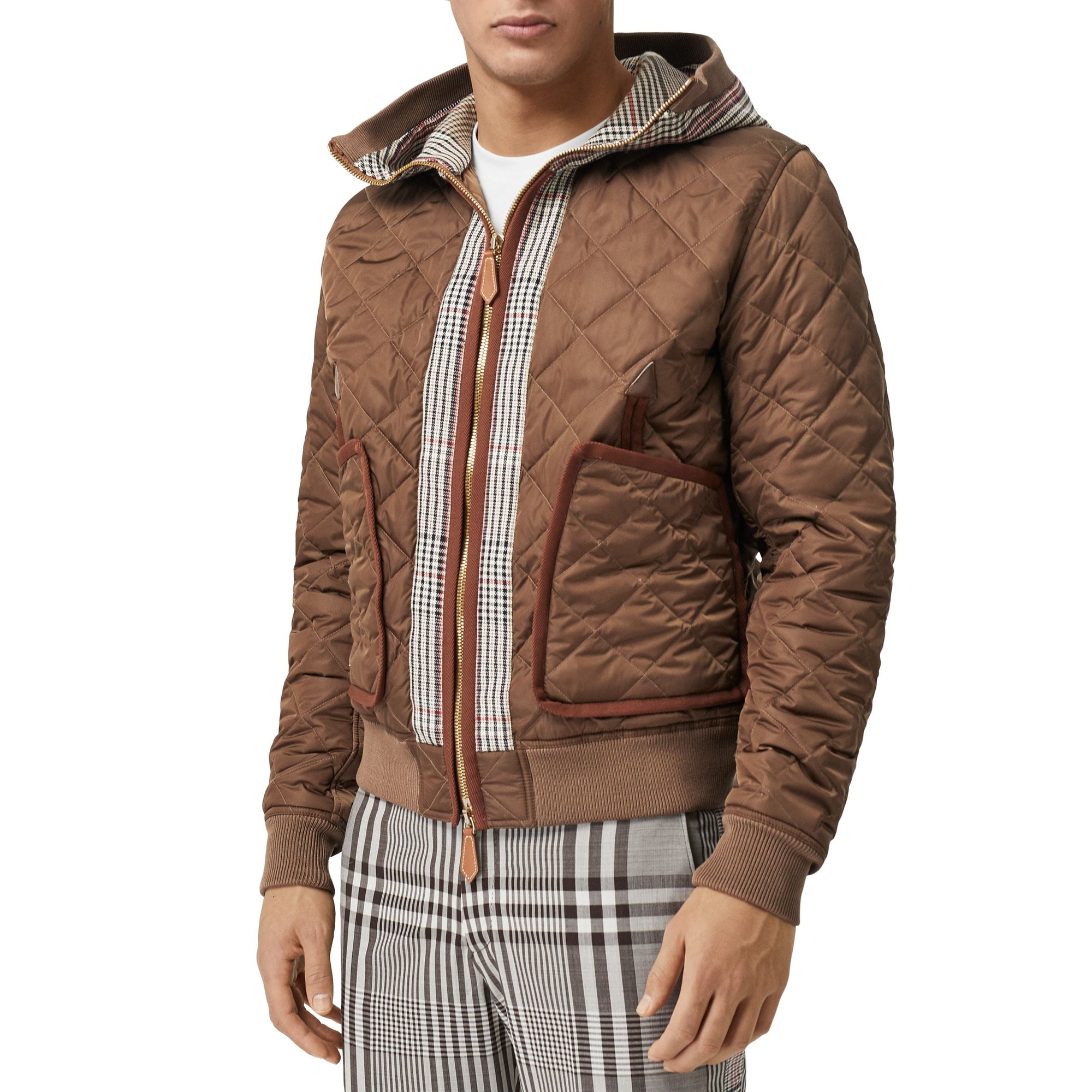 Trench en laine et coton check avec panneau matelassé - Beige