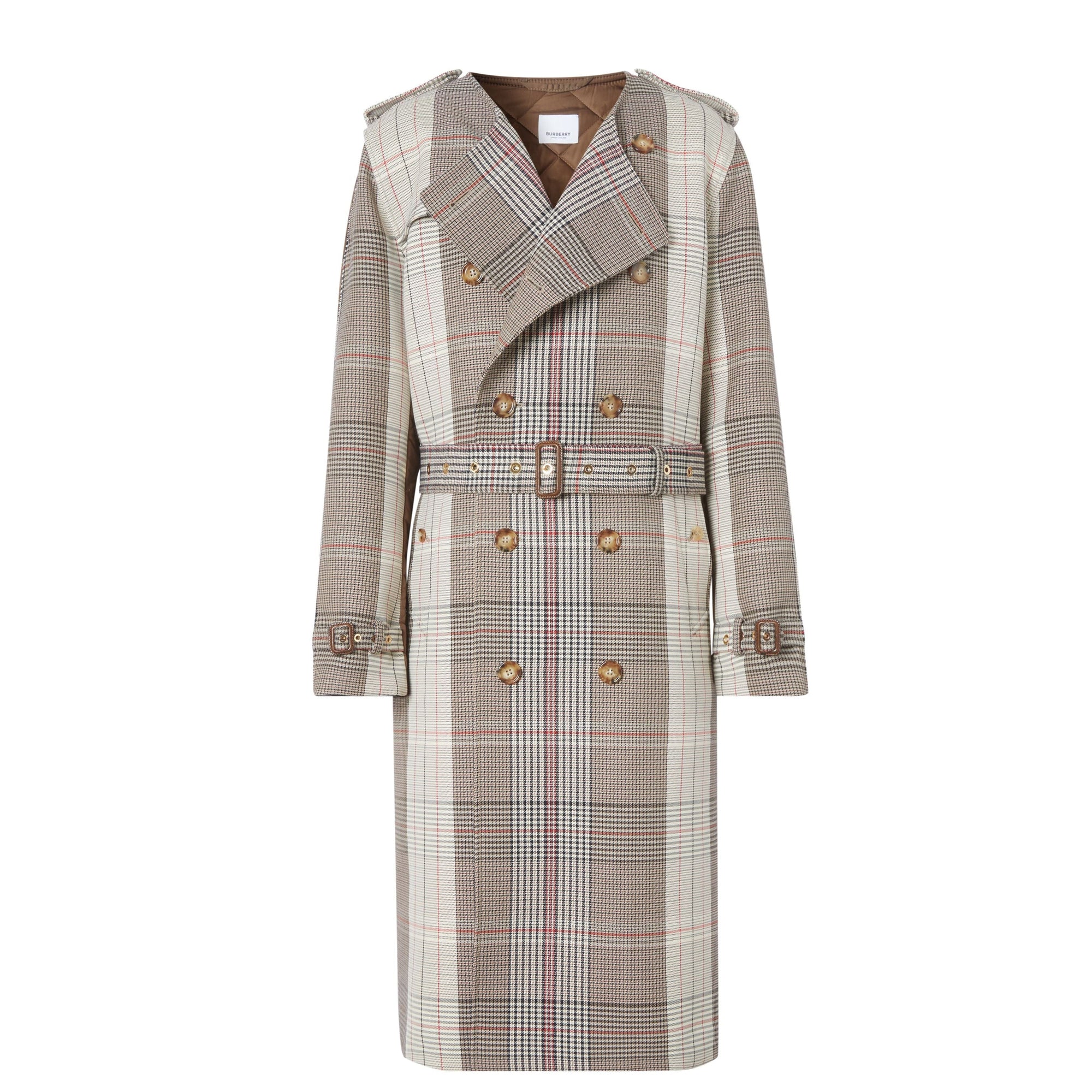 Trench en laine et coton check avec panneau matelassé - Beige
