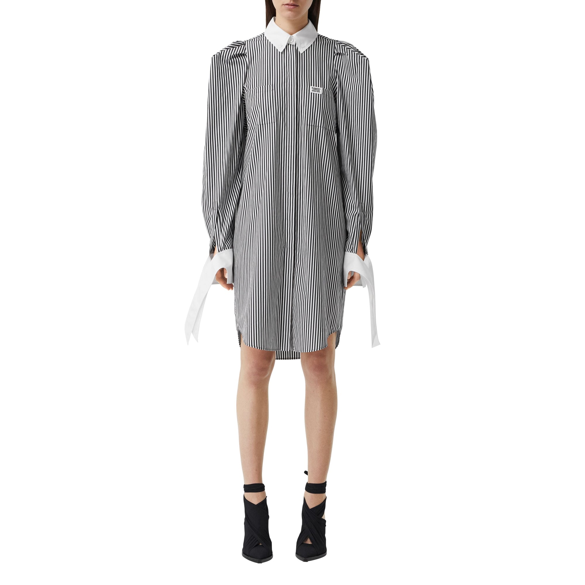 Robe chemise en popeline de coton rayée avec logo appliqué - Black Stripe