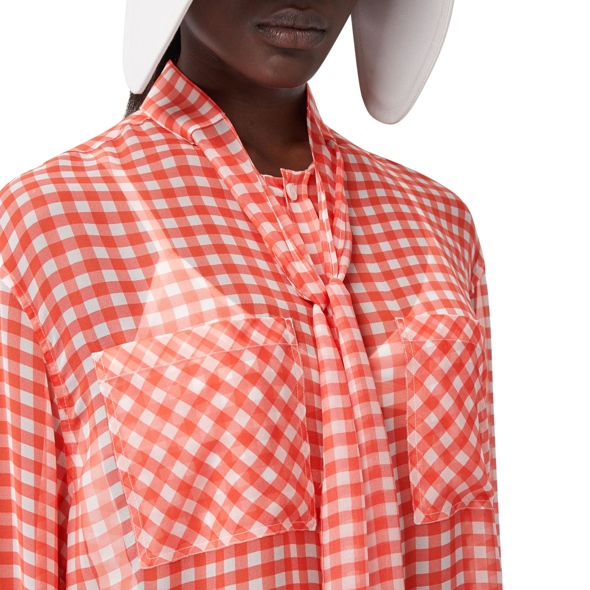 Chemisier à col lavallière en mousseline de soie vichy - Red Pattern