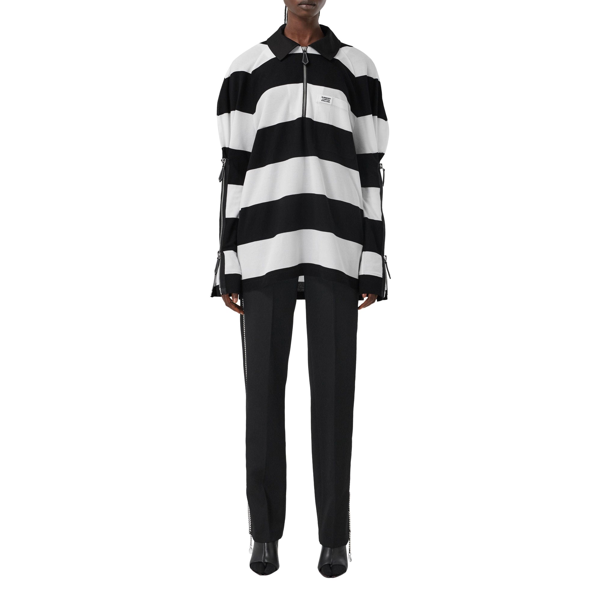 Polo de rugby oversize en piqué de coton rayé avec zip - Black Pattern