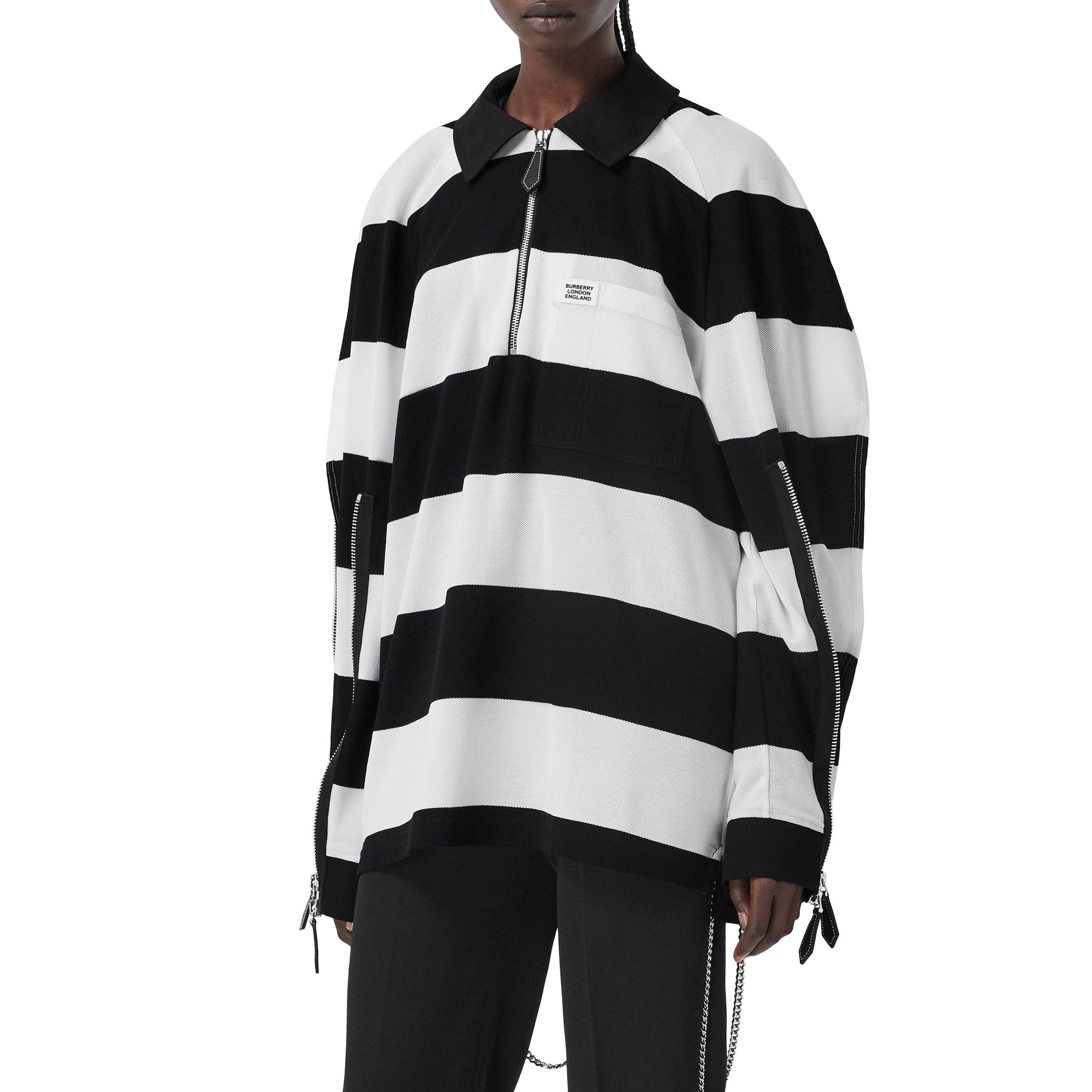 Polo de rugby oversize en piqué de coton rayé avec zip - Black Pattern