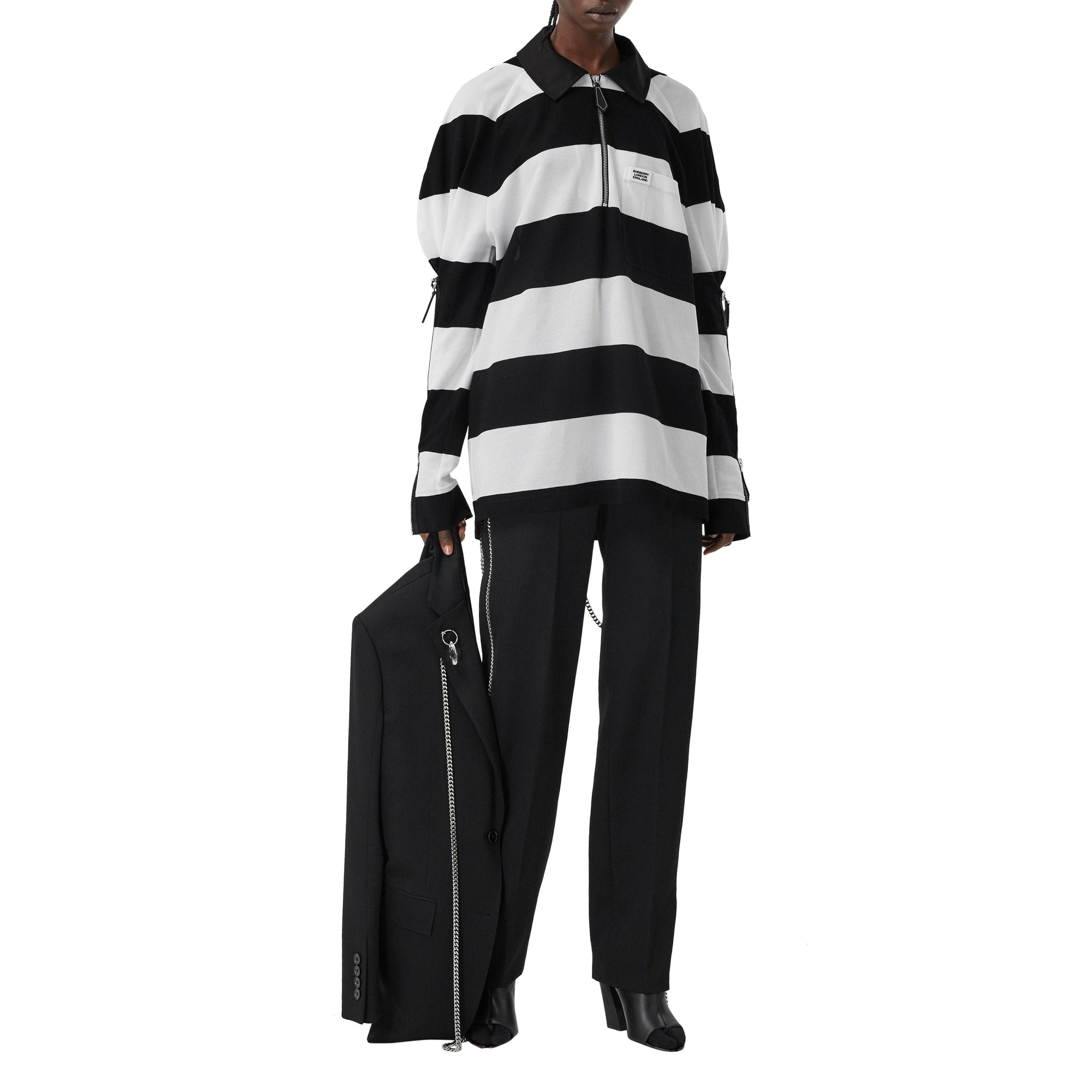 Polo de rugby oversize en piqué de coton rayé avec zip - Black Pattern