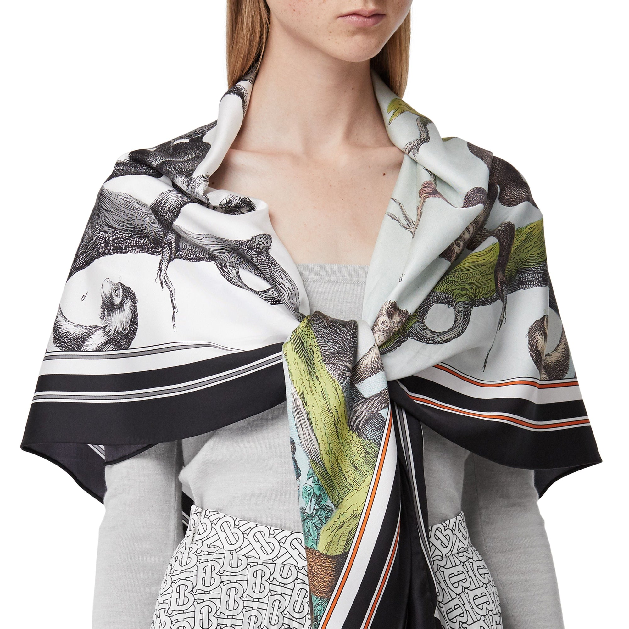 Body avec foulard en soie à imprimé singe en cachemire - Grey Melange