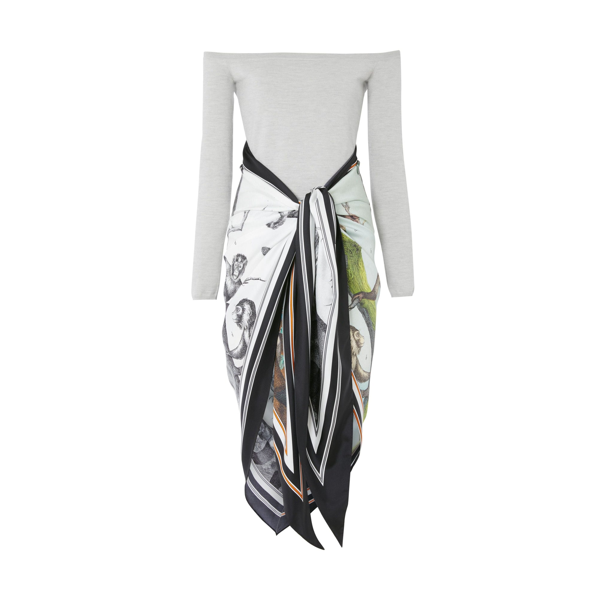 Body avec foulard en soie à imprimé singe en cachemire - Grey Melange