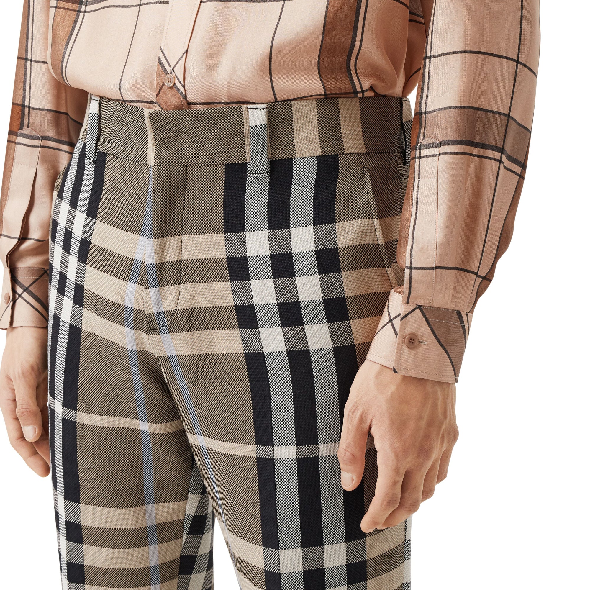Pantalon de costume slim en coton technique check - Dusty Sand