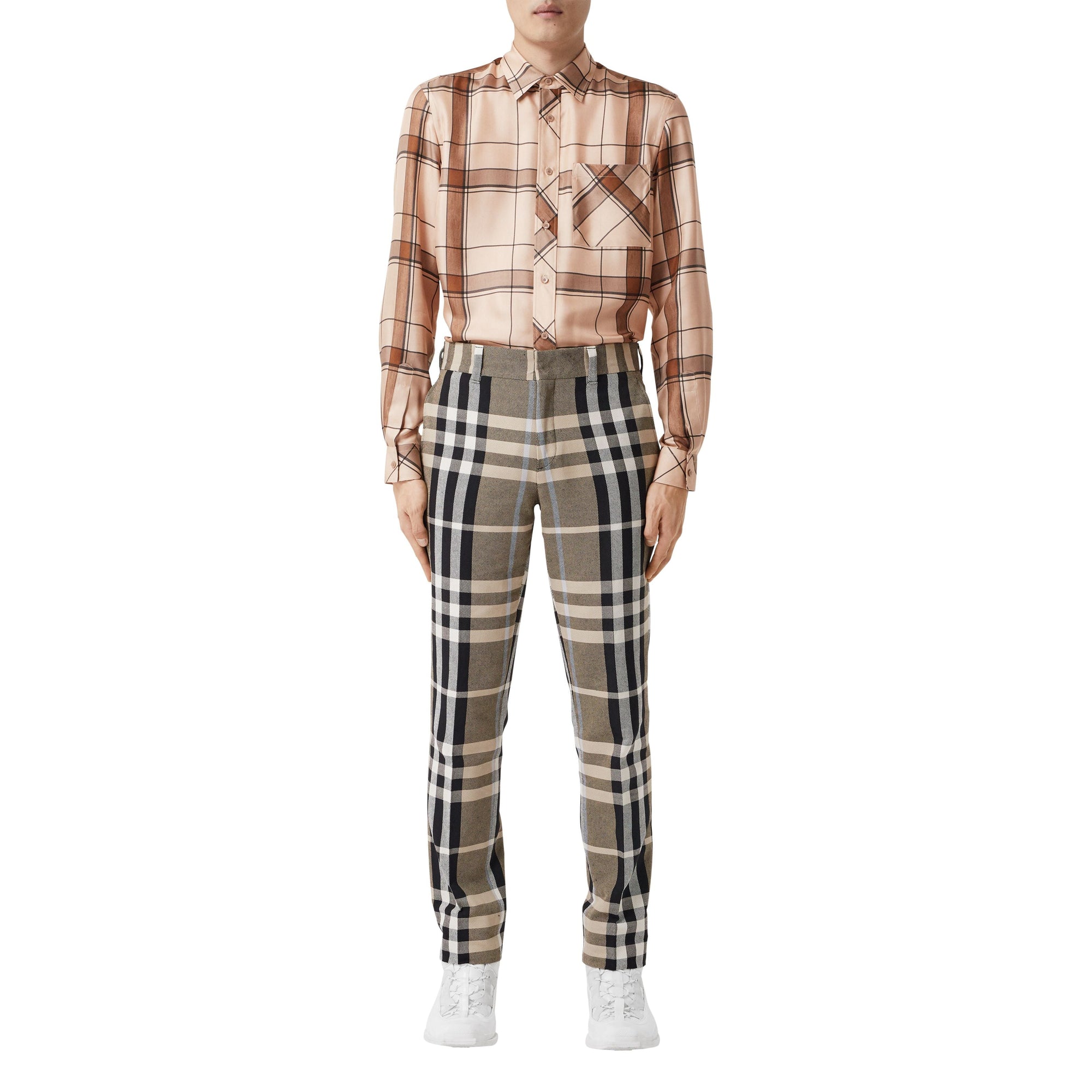 Pantalon de costume slim en coton technique check - Dusty Sand