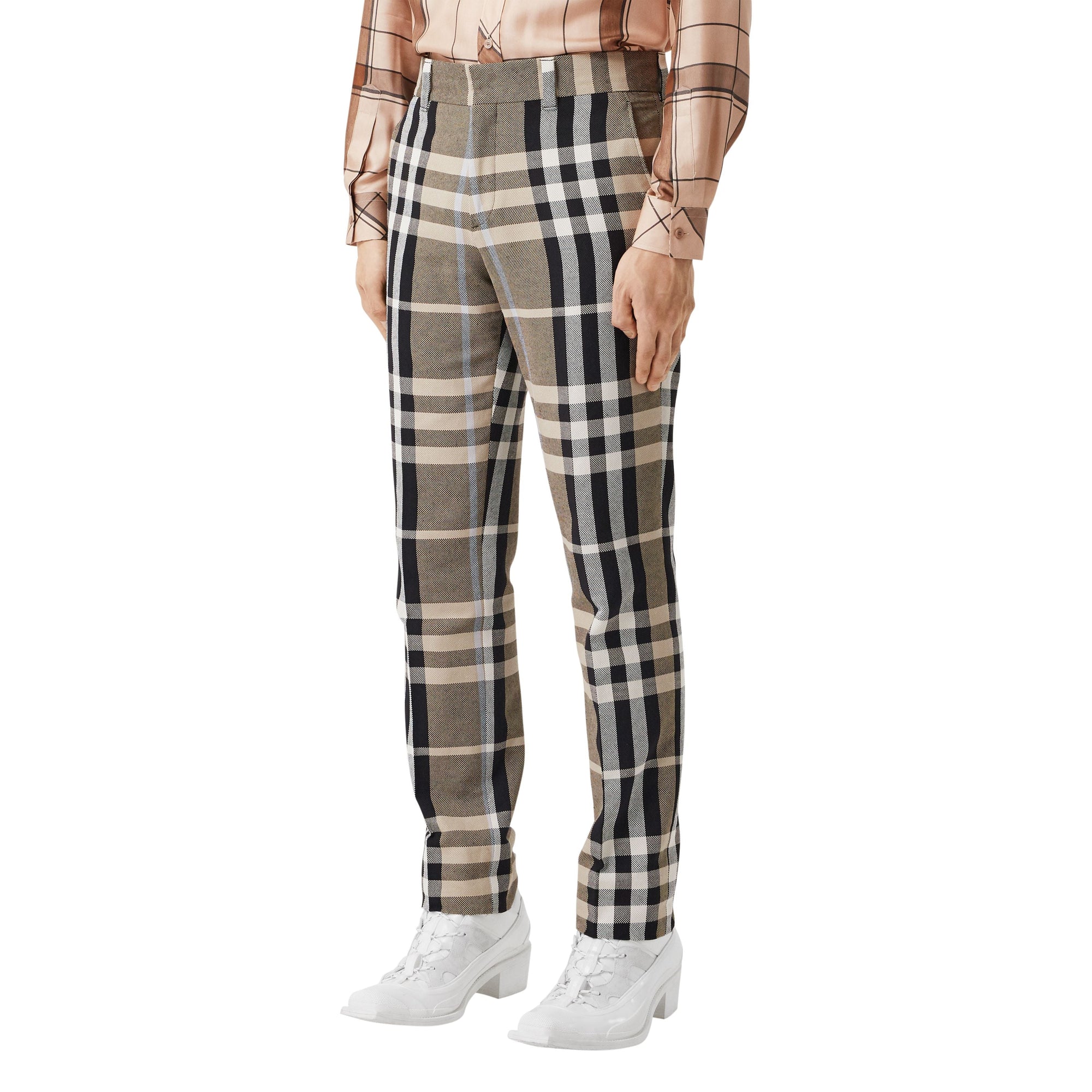 Pantalon de costume slim en coton technique check - Dusty Sand