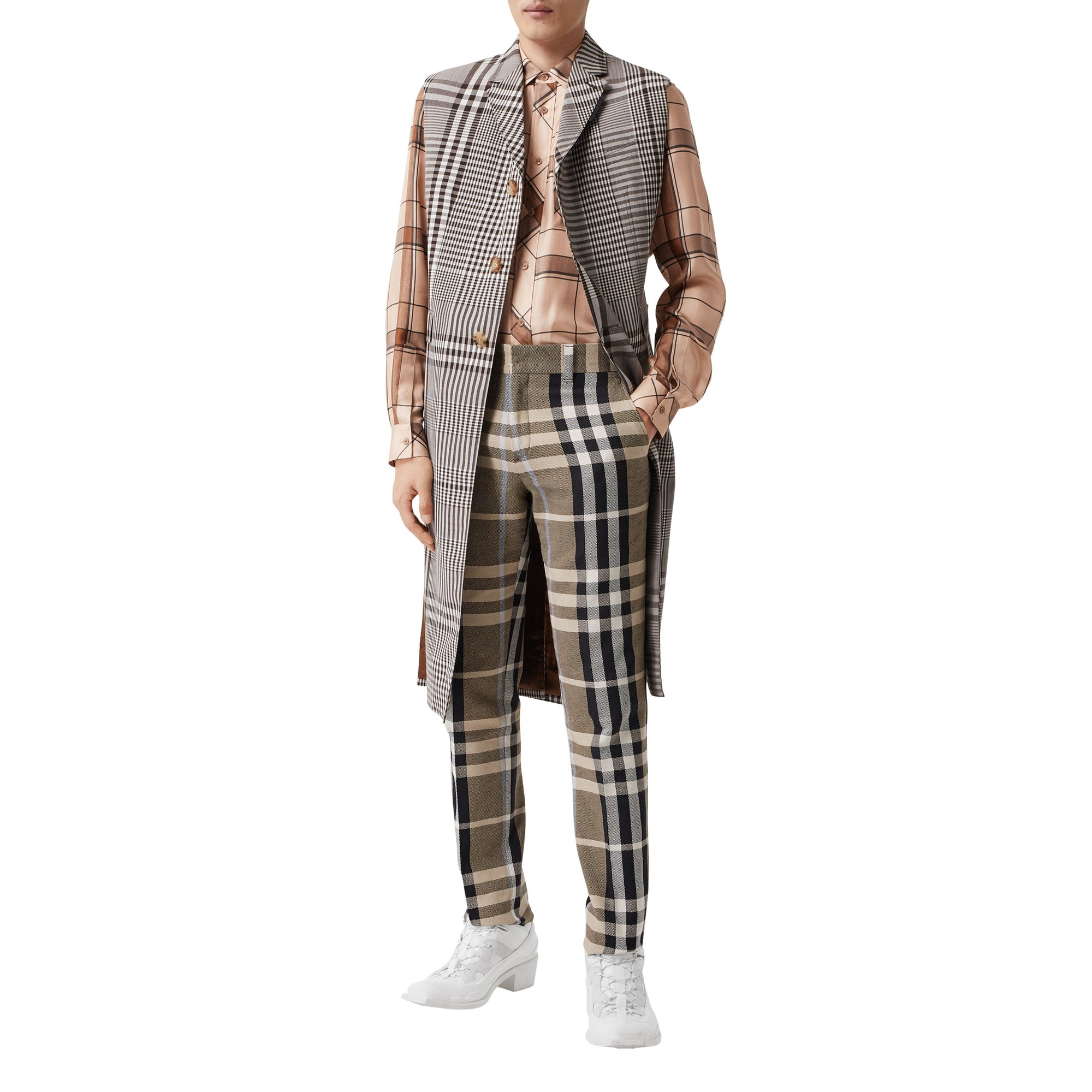 Pantalon de costume slim en coton technique check - Dusty Sand