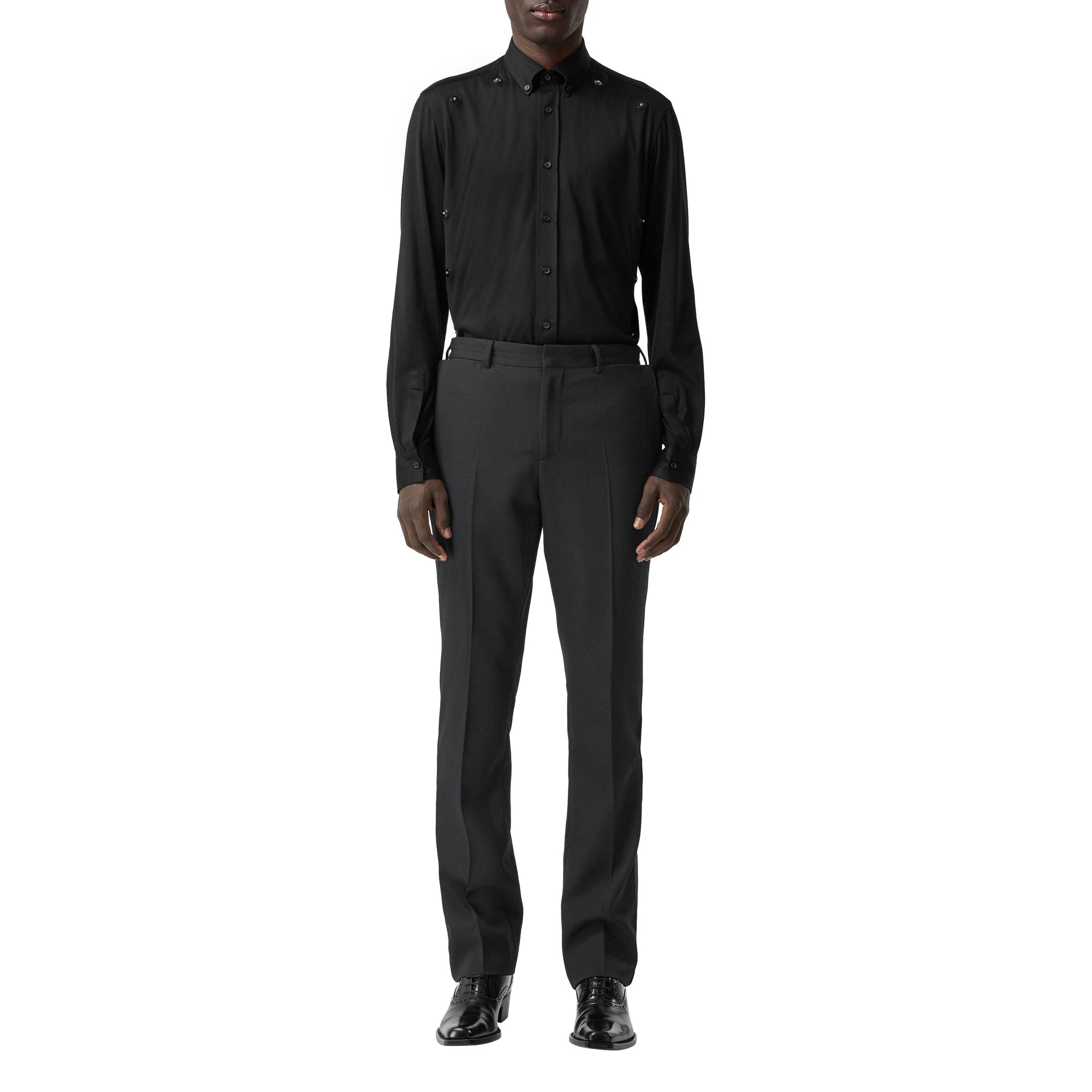 Pantalon de costume slim en laine avec bandes en satin de soie - Black