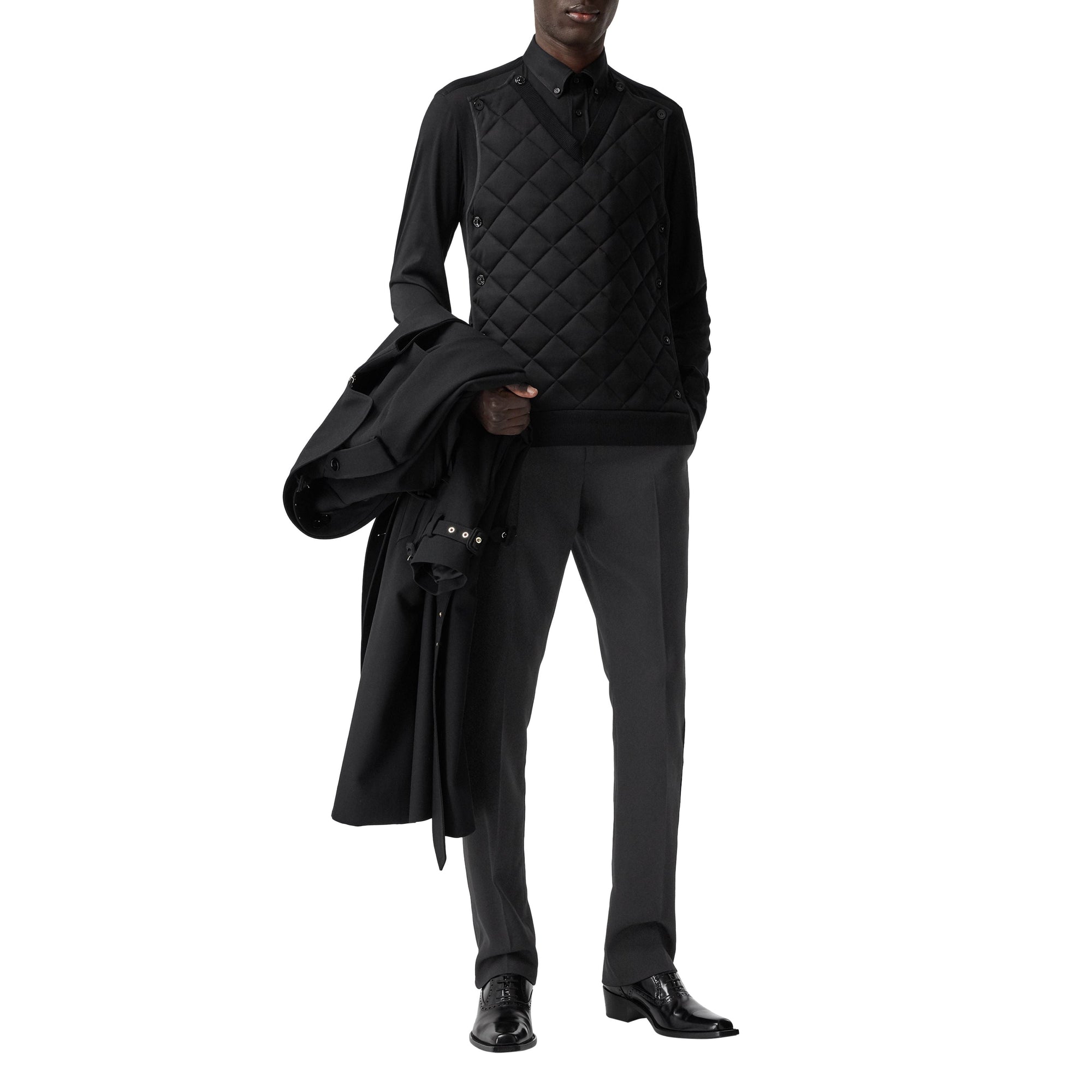 Pantalon de costume slim en laine avec bandes en satin de soie - Black