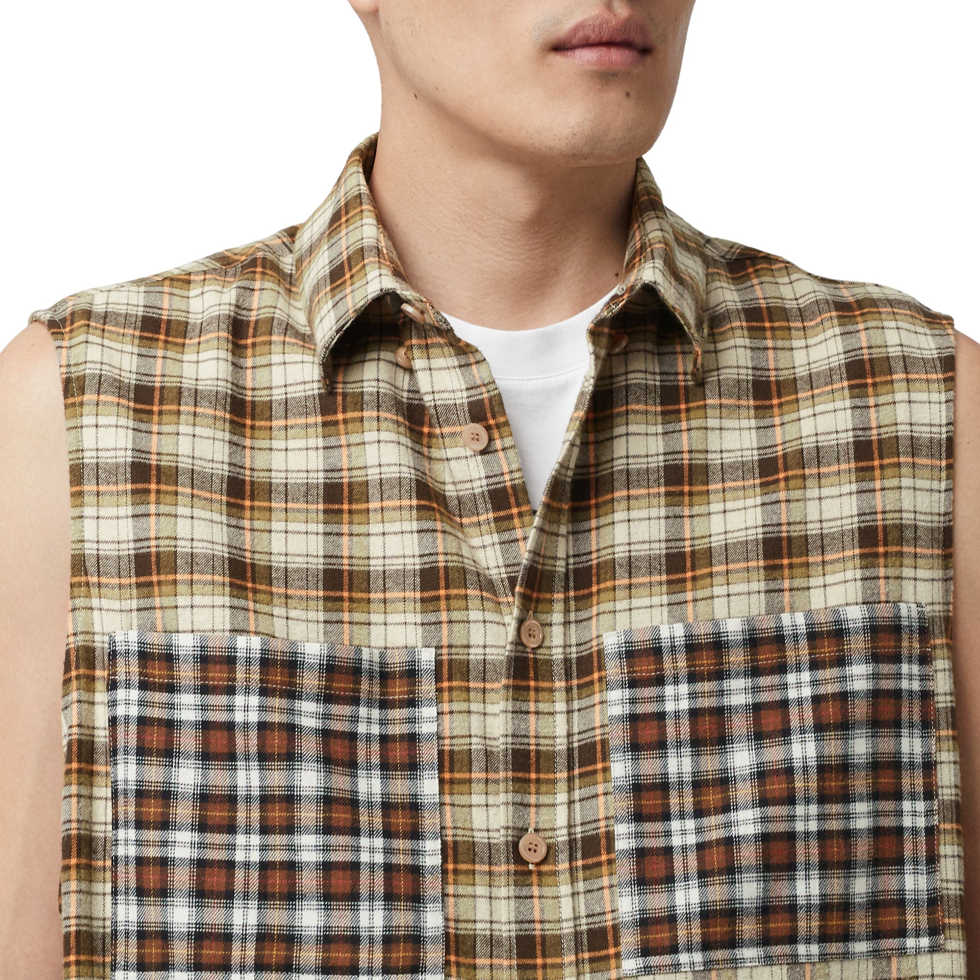 Chemise tunique sans manches en flanelle de coton check - Dark Olive Check