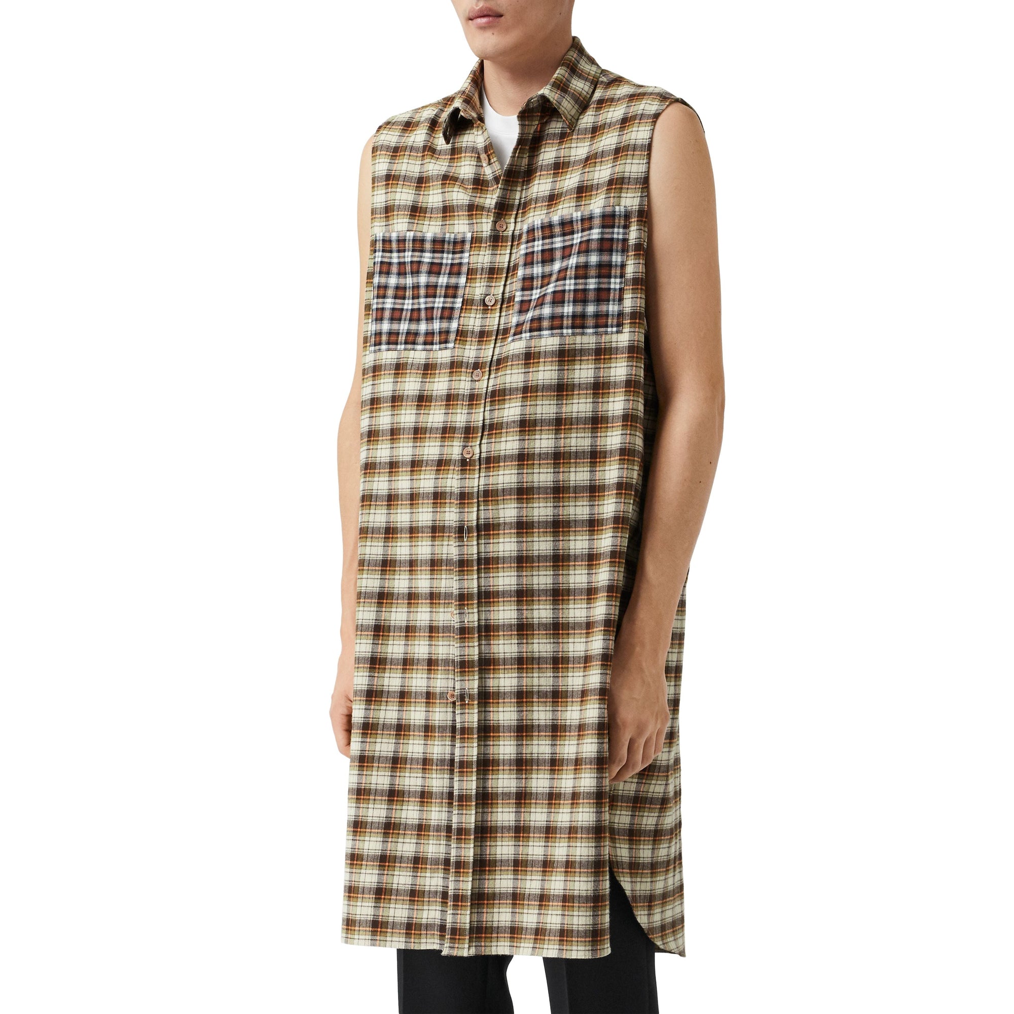 Chemise tunique sans manches en flanelle de coton check - Dark Olive Check