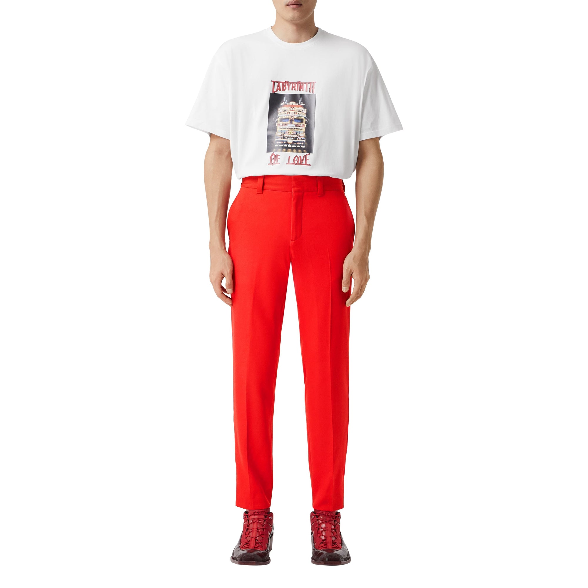 Pantalon de costume en laine à bandes latérales en cuir d'agneau - Bright Red