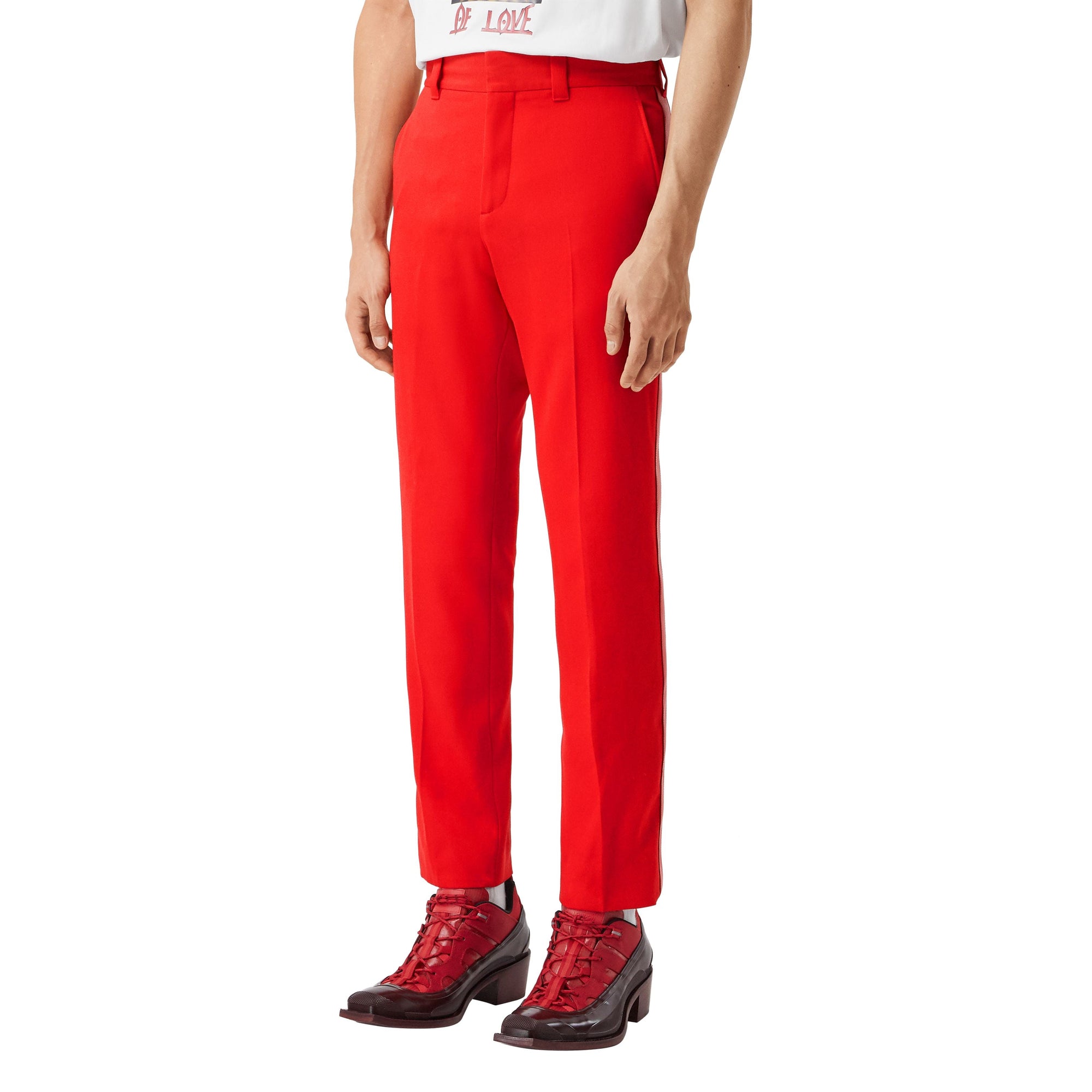 Pantalon de costume en laine à bandes latérales en cuir d'agneau - Bright Red