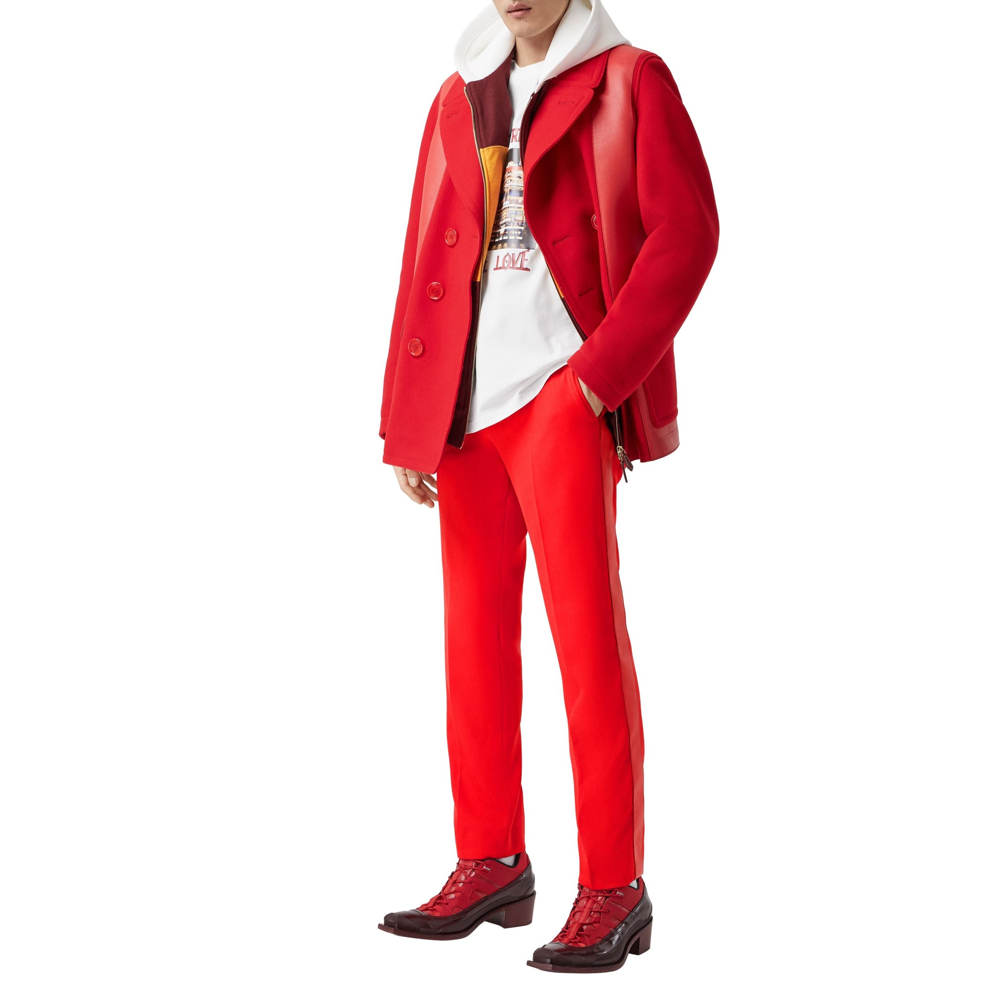 Pantalon de costume en laine à bandes latérales en cuir d'agneau - Bright Red