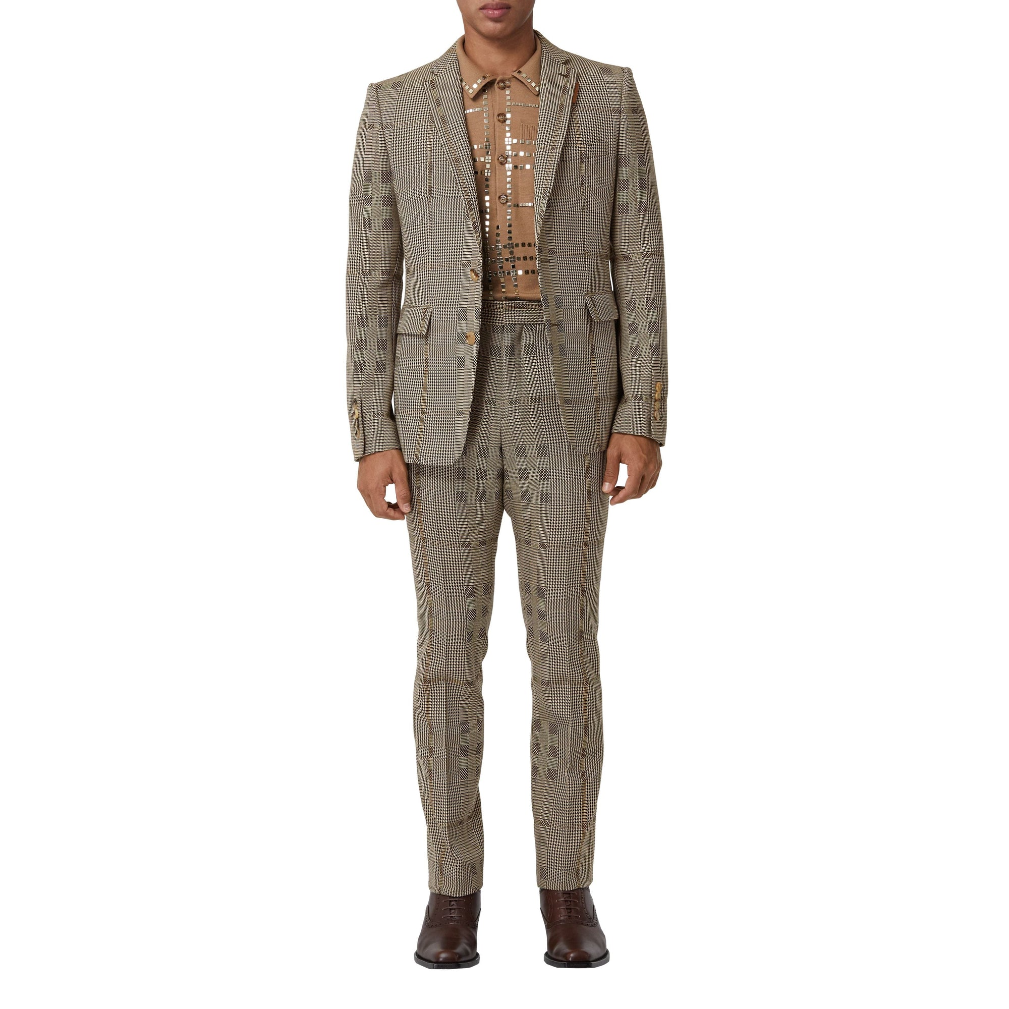Veste de costume en laine et lamé check - Brown