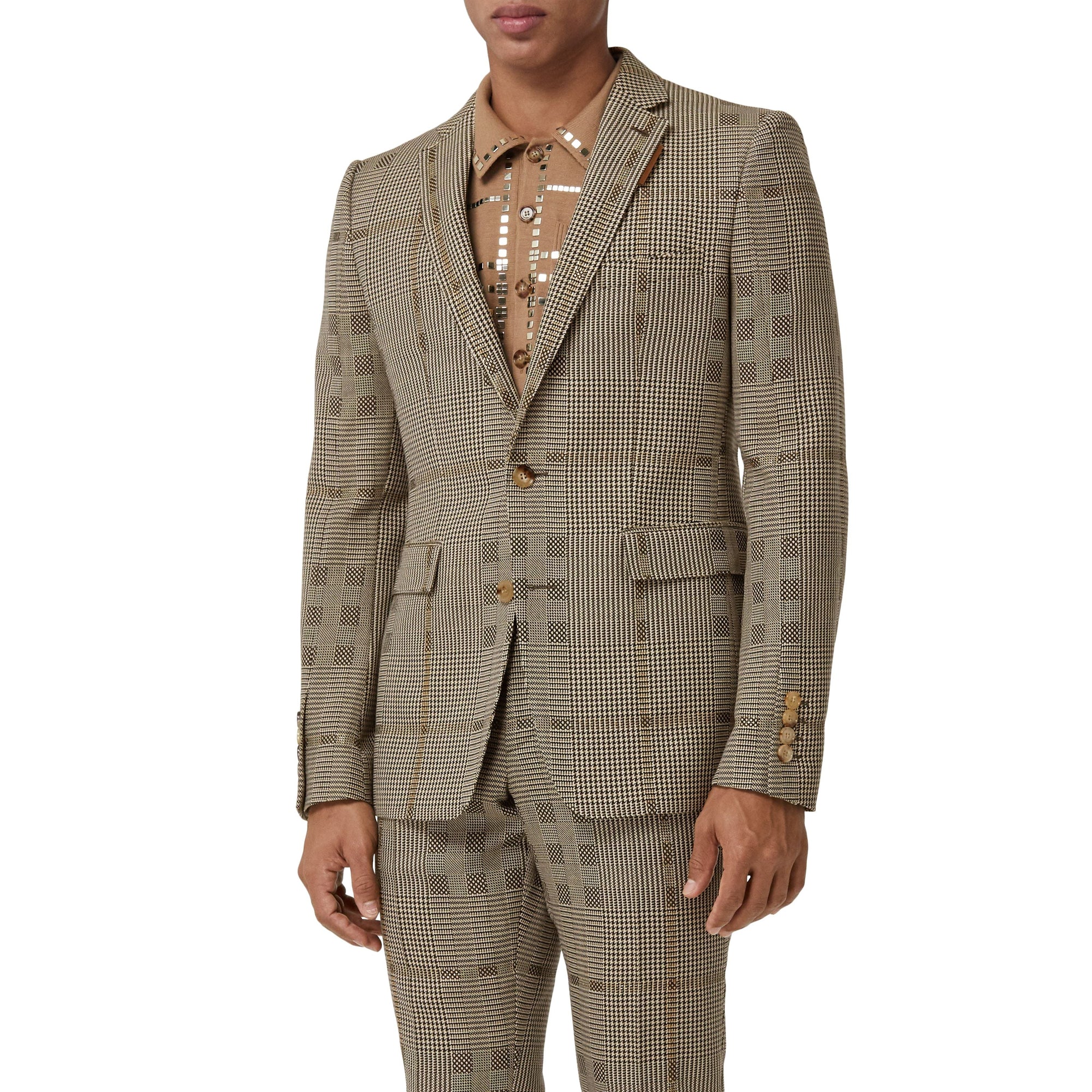 Veste de costume en laine et lamé check - Brown